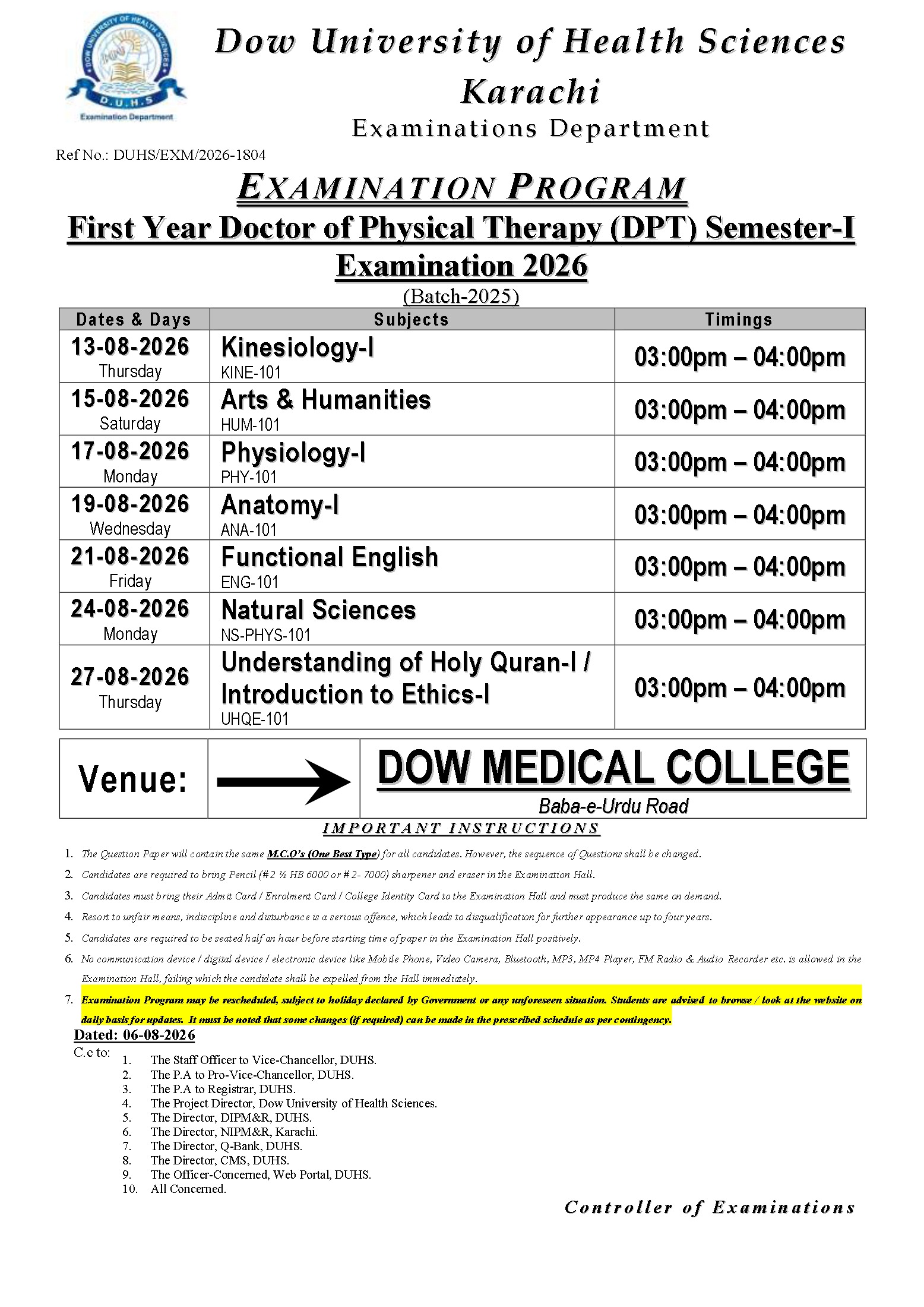 DUHS 1st Year DPT Semester I Exams Date Sheet 2026 Out DUHS 1st Year DPT Semester I Exams Date Sheet 2026 Out