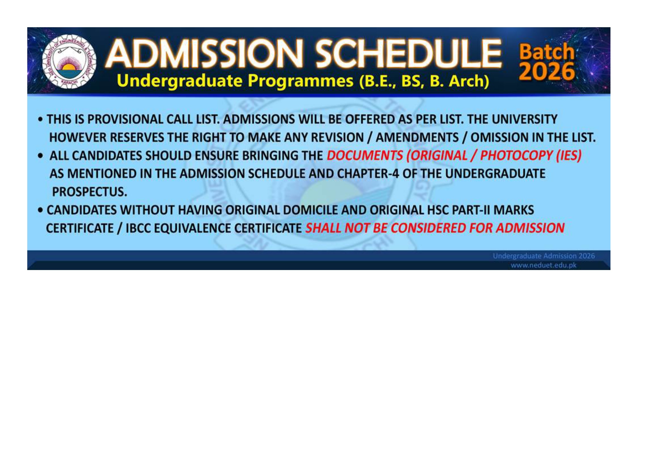 NEDUET Call List 2026 Announced for BE, BS & B.Arch Admissions NEDUET Call List 2026 Announced for BE, BS & B.Arch Admissions