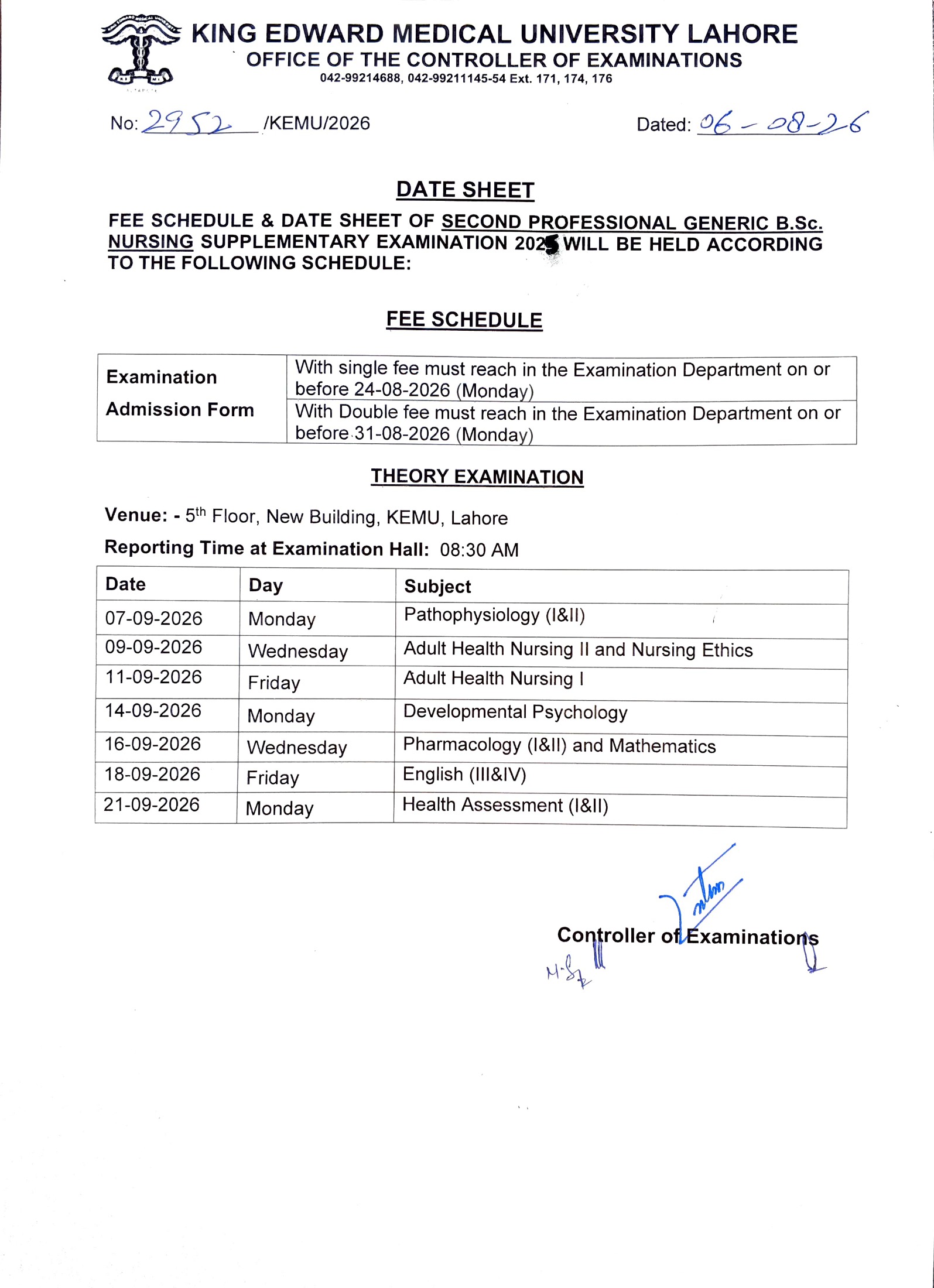 KEMU Date Sheet & Fee Schedule 2026 Announced KEMU Date Sheet & Fee Schedule 2026 Announced