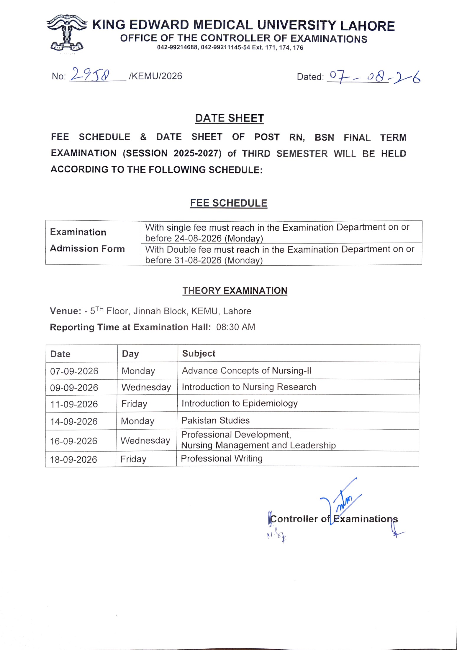 KEMU Date Sheet & Fee Schedule 2026 Announced fo Post RN BSN Third Semester Exam KEMU Date Sheet & Fee Schedule 2026 Announced fo Post RN BSN Third Semester Exam