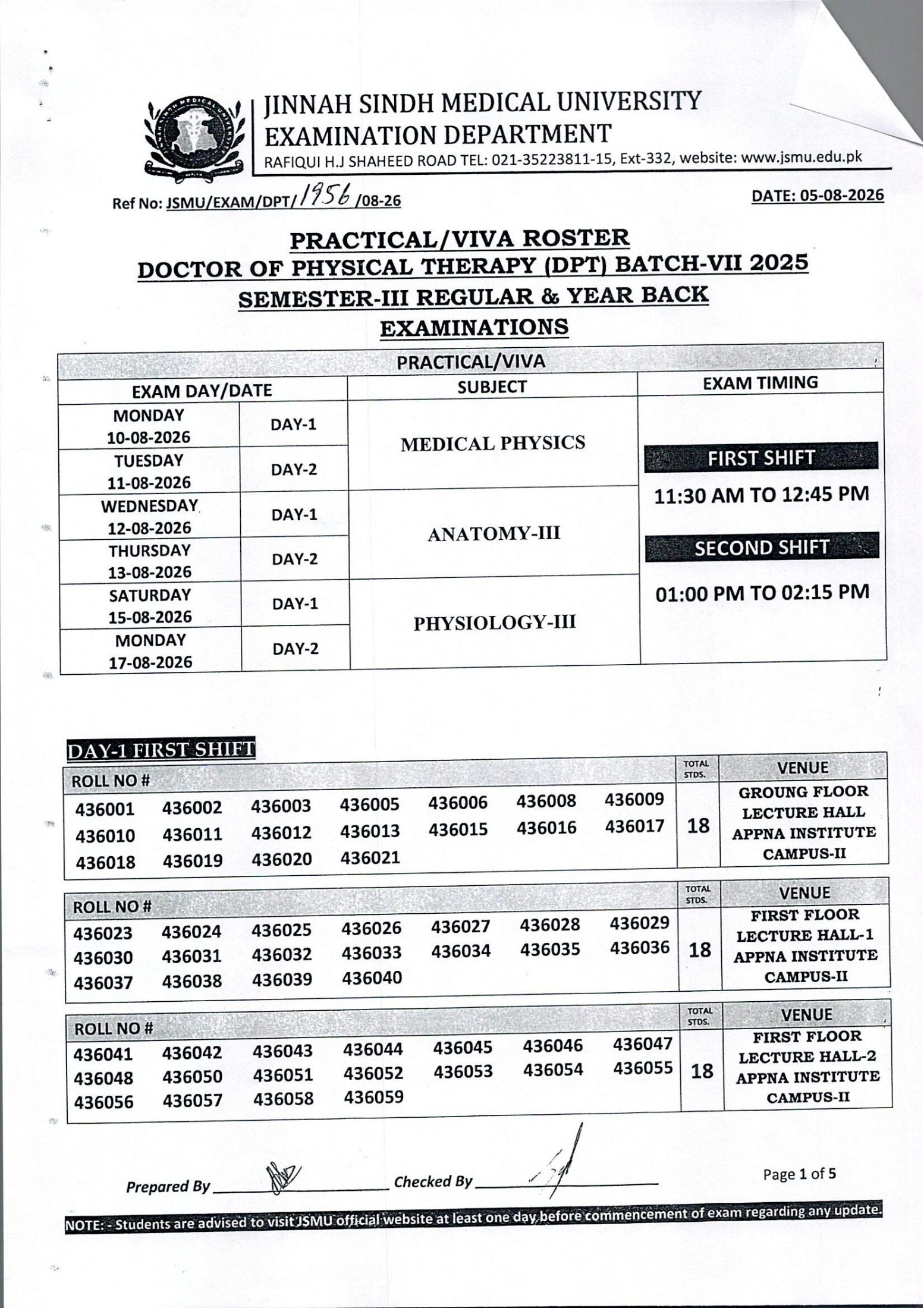 JSMU Date Sheet 2026 Announced for DPT Programs Examinations JSMU Date Sheet 2026 Announced for DPT Programs Examinations