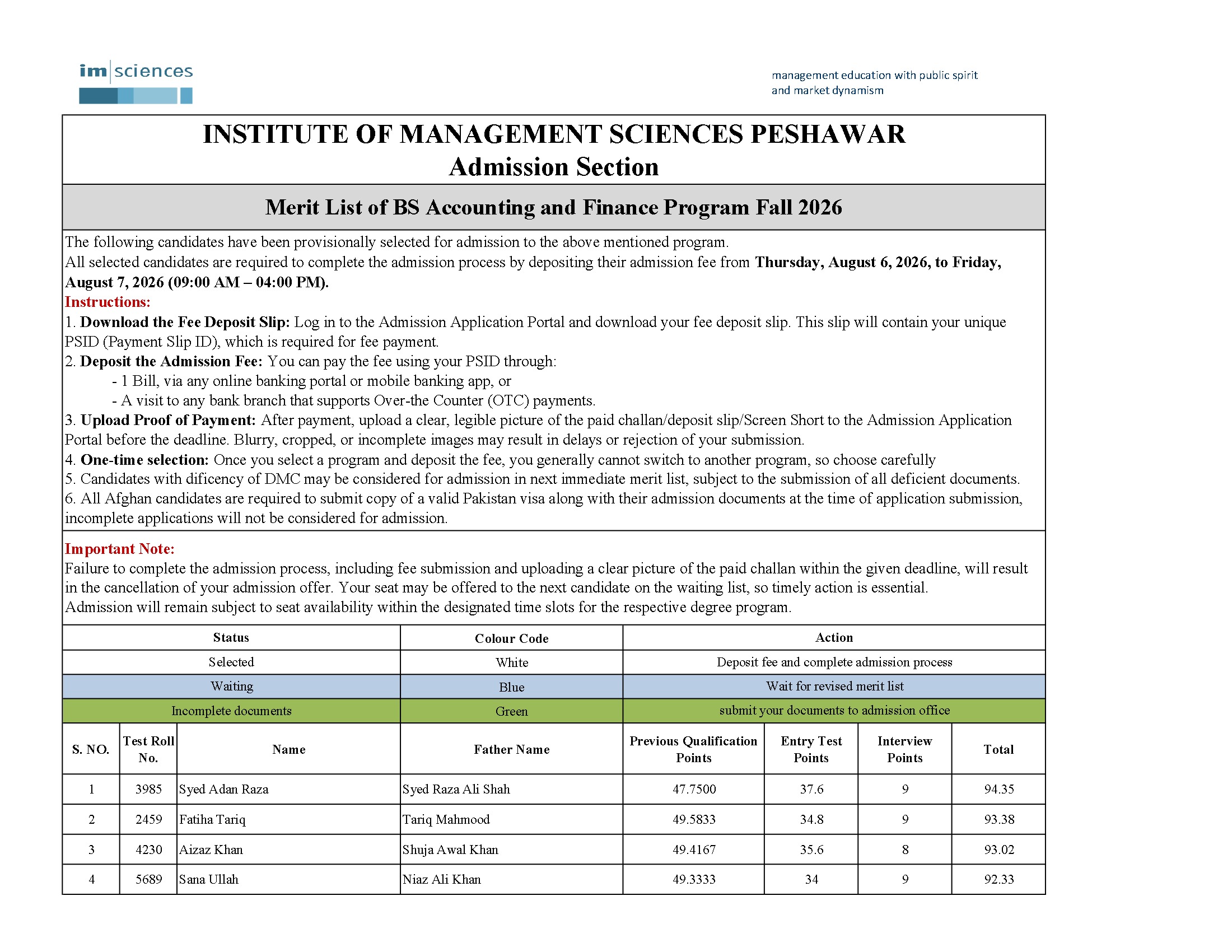 IMS Merit List 2026 Announced for BS Programs Admissions IMS Merit List 2026 Announced for BS Programs Admissions