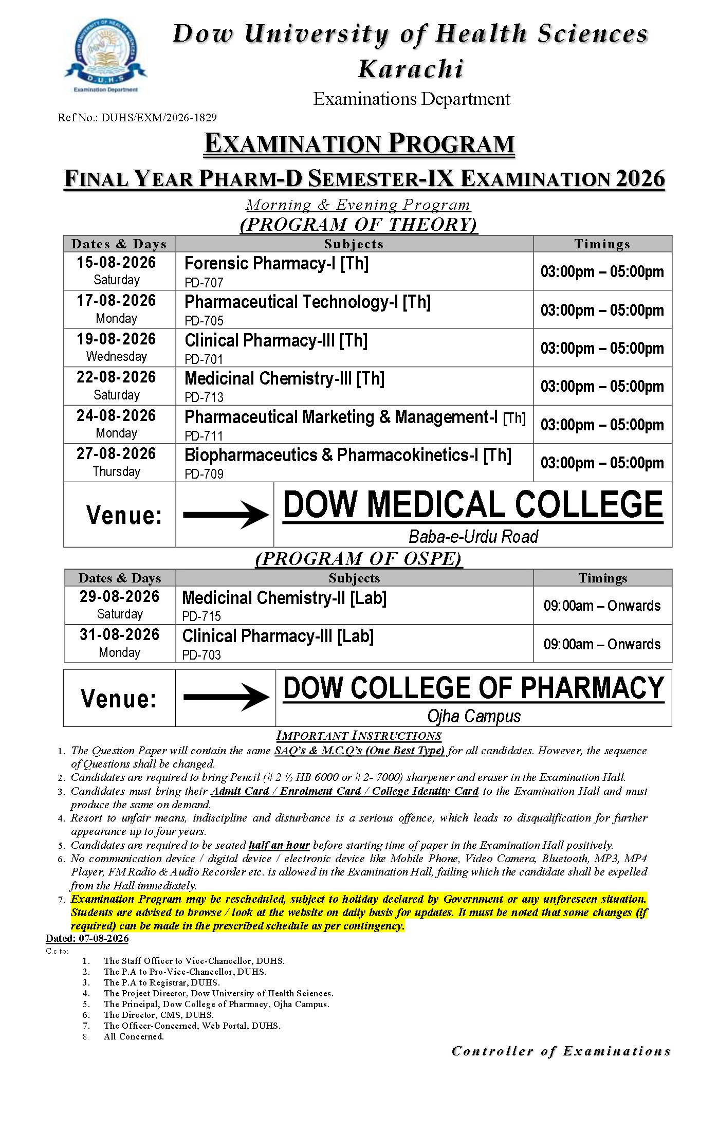DUHS Date Sheet 2026 Released for Final Year Pharm-D Exams DUHS Date Sheet 2026 Released for Final Year Pharm-D Exams