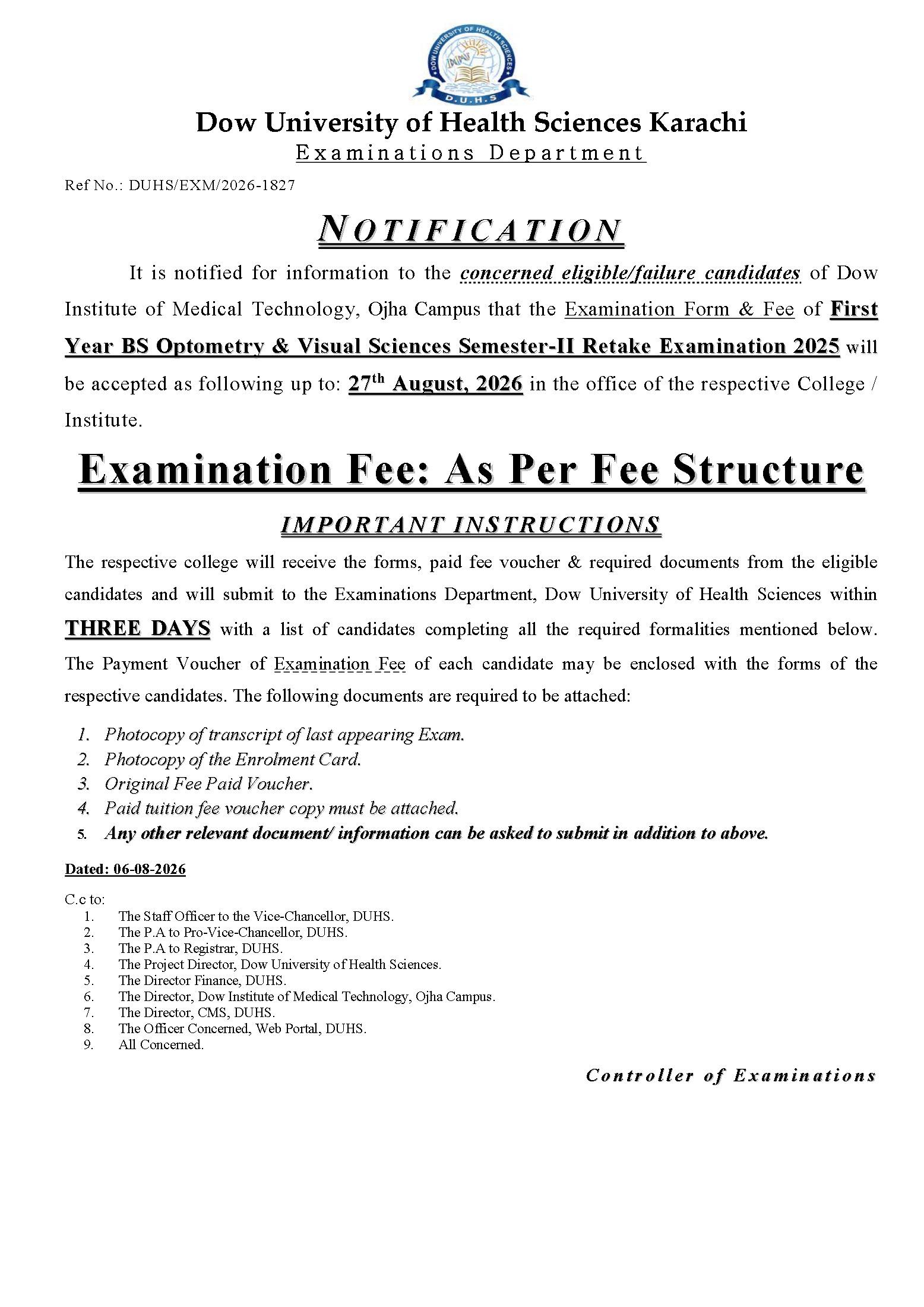 DUHS BSOVS Retake Exam Form & Fee Notice 2026 Out DUHS BSOVS Retake Exam Form & Fee Notice 2026 Out