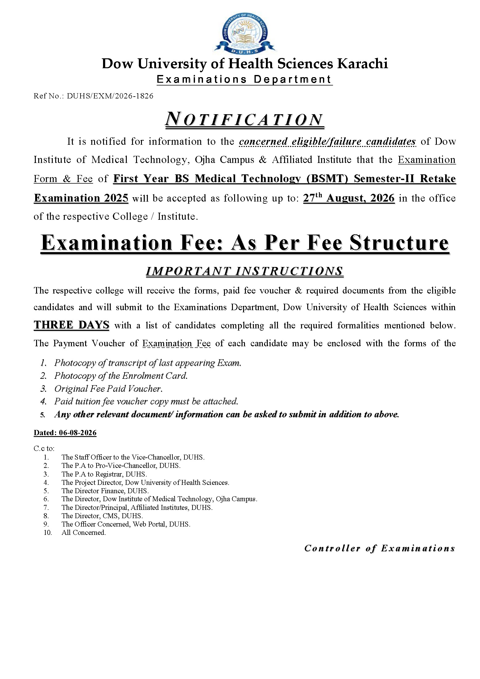 DUHS Exam Form & Fee Notice 2026 for BSMT Retake Exam Released DUHS Exam Form & Fee Notice 2026 for BSMT Retake Exam Released