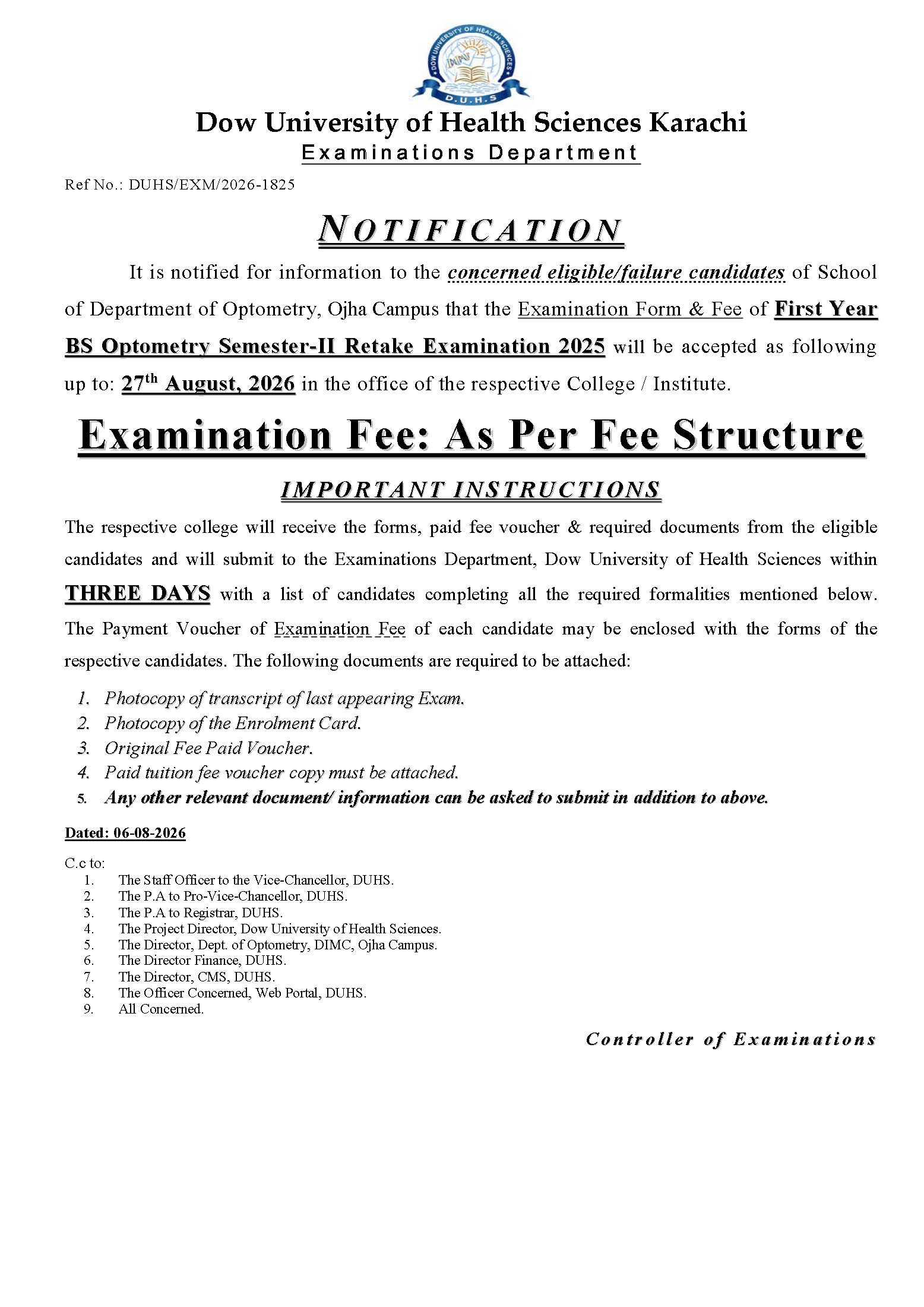 DUHS BS Optometry Retake Exam Exam Form & Fee Notice 2026 Announced DUHS BS Optometry Retake Exam Exam Form & Fee Notice 2026 Announced