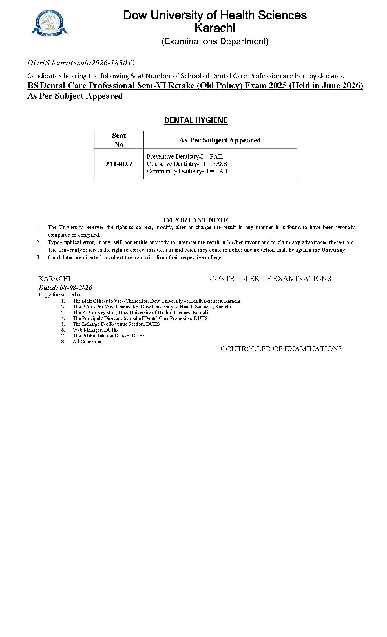 DUHS Issues BSDCP Exam Result 2026 DUHS Issues BSDCP Exam Result 2026