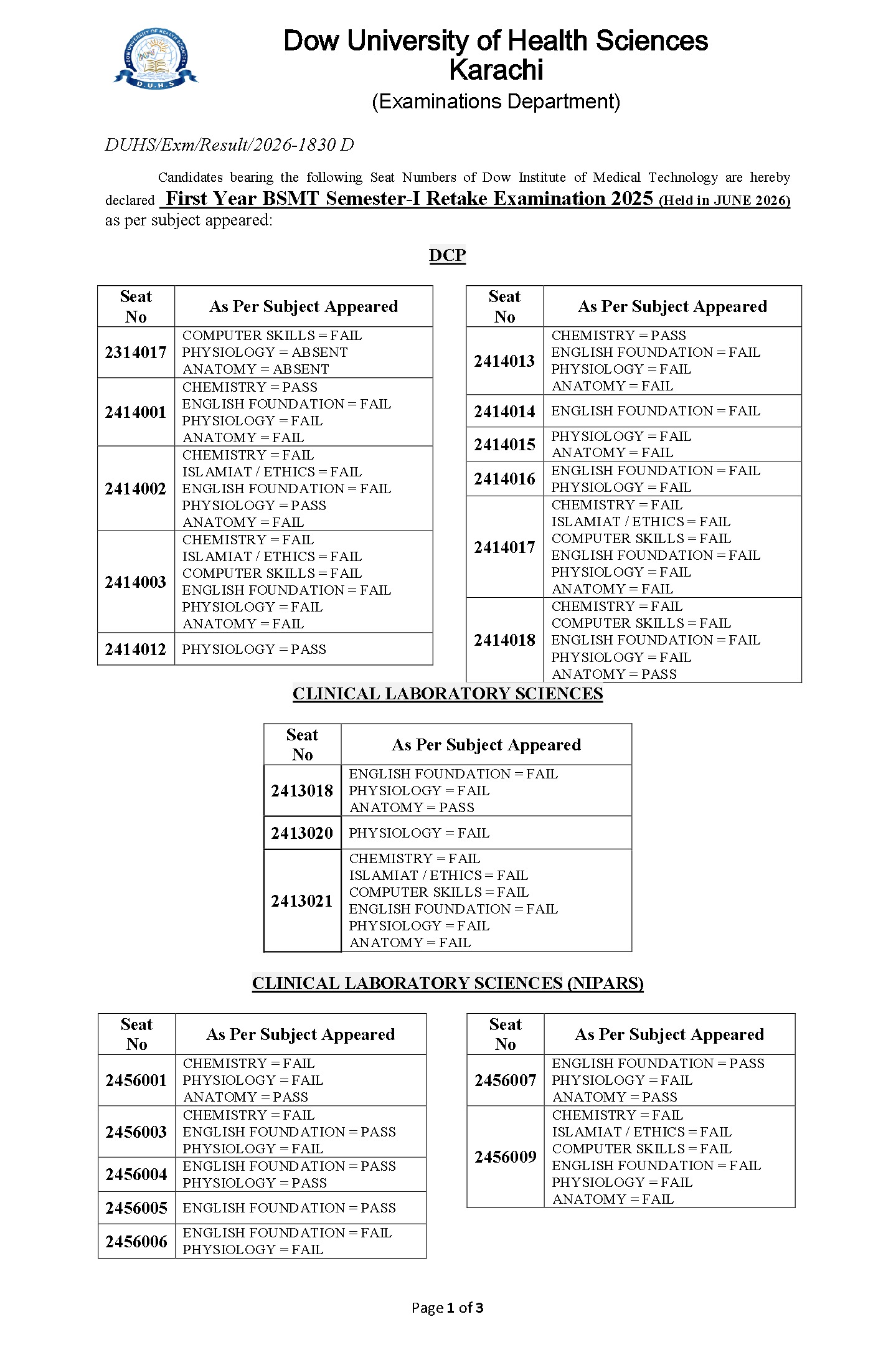 DUHS Result 2026 Announced for BSMT Retake Exams DUHS Result 2026 Announced for BSMT Retake Exams