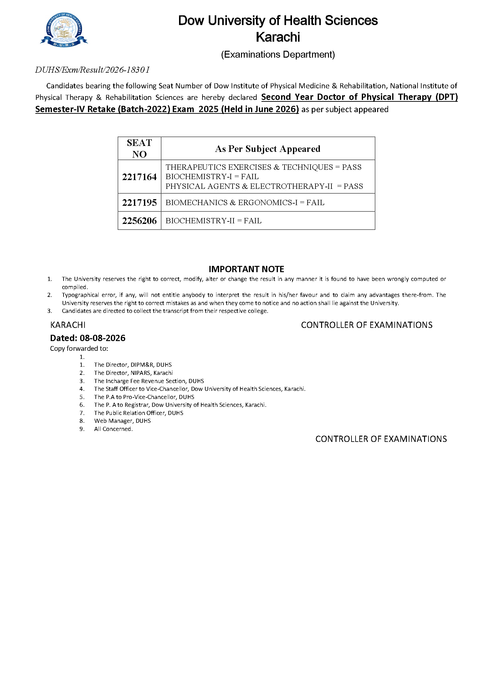 DUHS Result 2026 Announced for DPT Program Examinations DUHS Result 2026 Announced for DPT Program Examinations