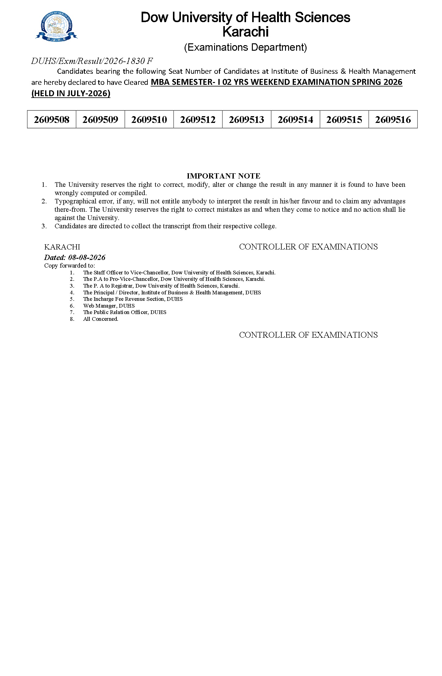 DUHS Result 2026 Announced for MBA Semester-I Weekend Exam DUHS Result 2026 Announced for MBA Semester-I Weekend Exam