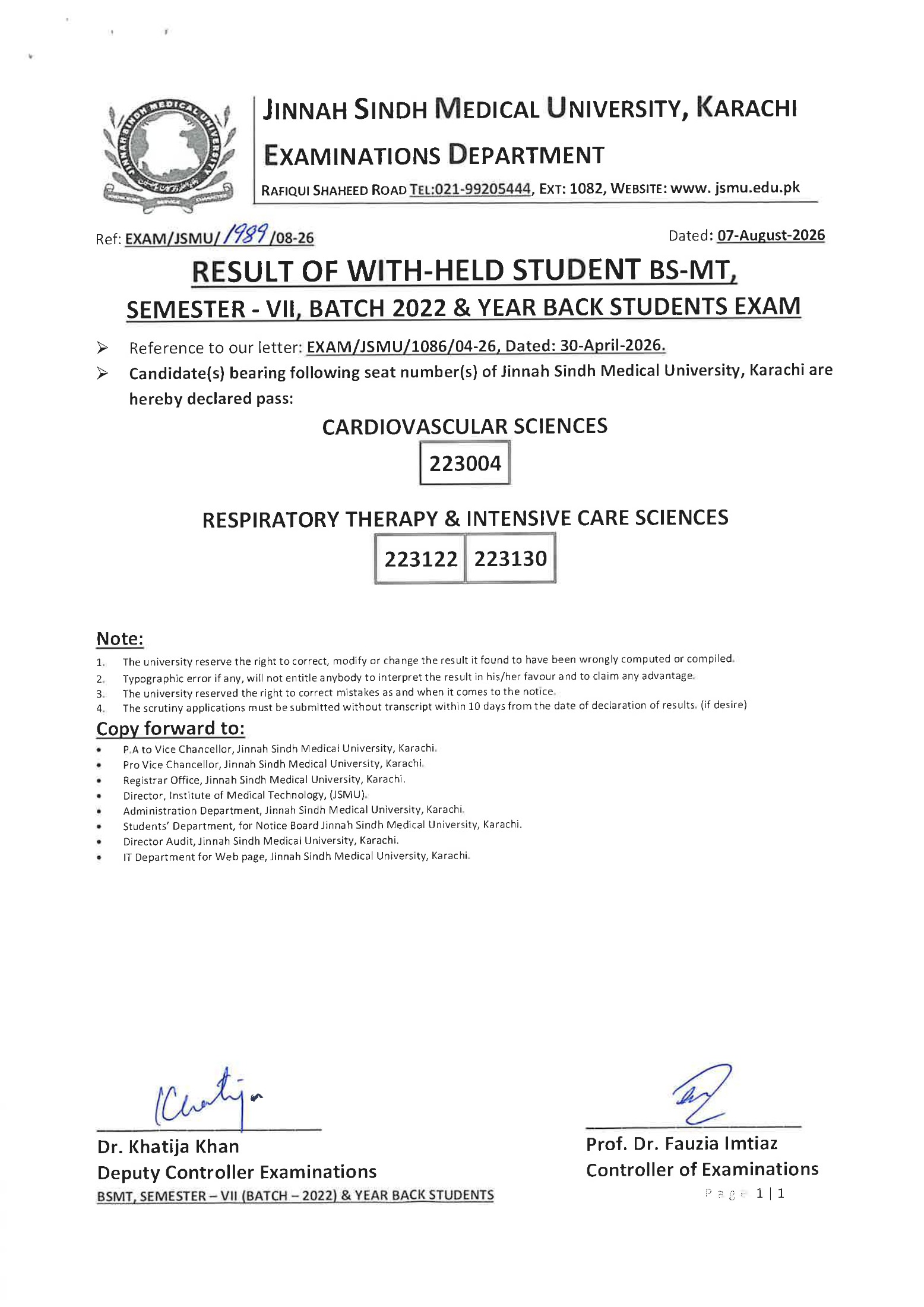 JSMU Result 2026 Announced for With-Held BS-MT Student JSMU Result 2026 Announced for With-Held BS-MT Student