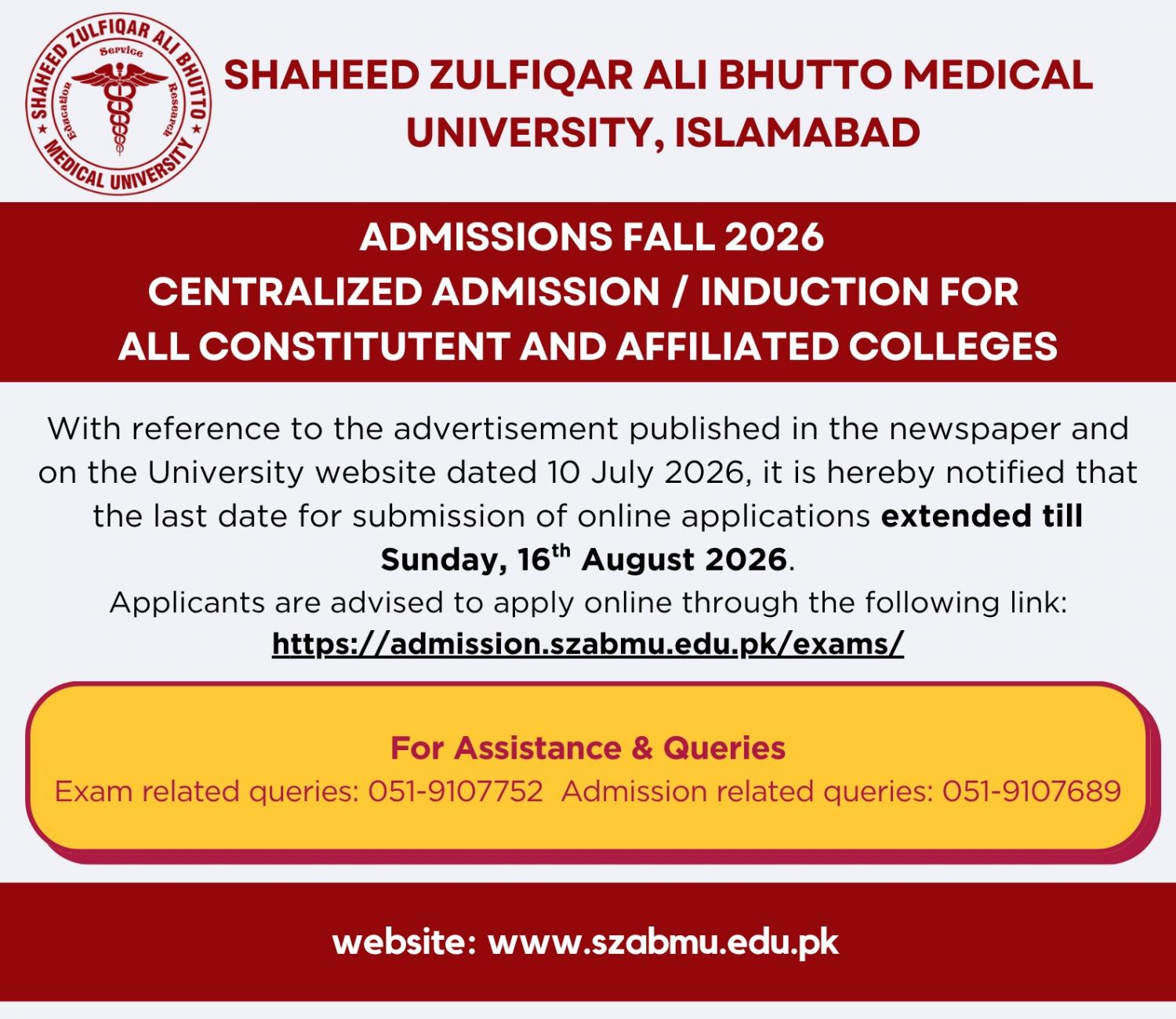 SZABMU Extends Admission Deadline for Fall Admissions 2026 SZABMU Extends Admission Deadline for Fall Admissions 2026