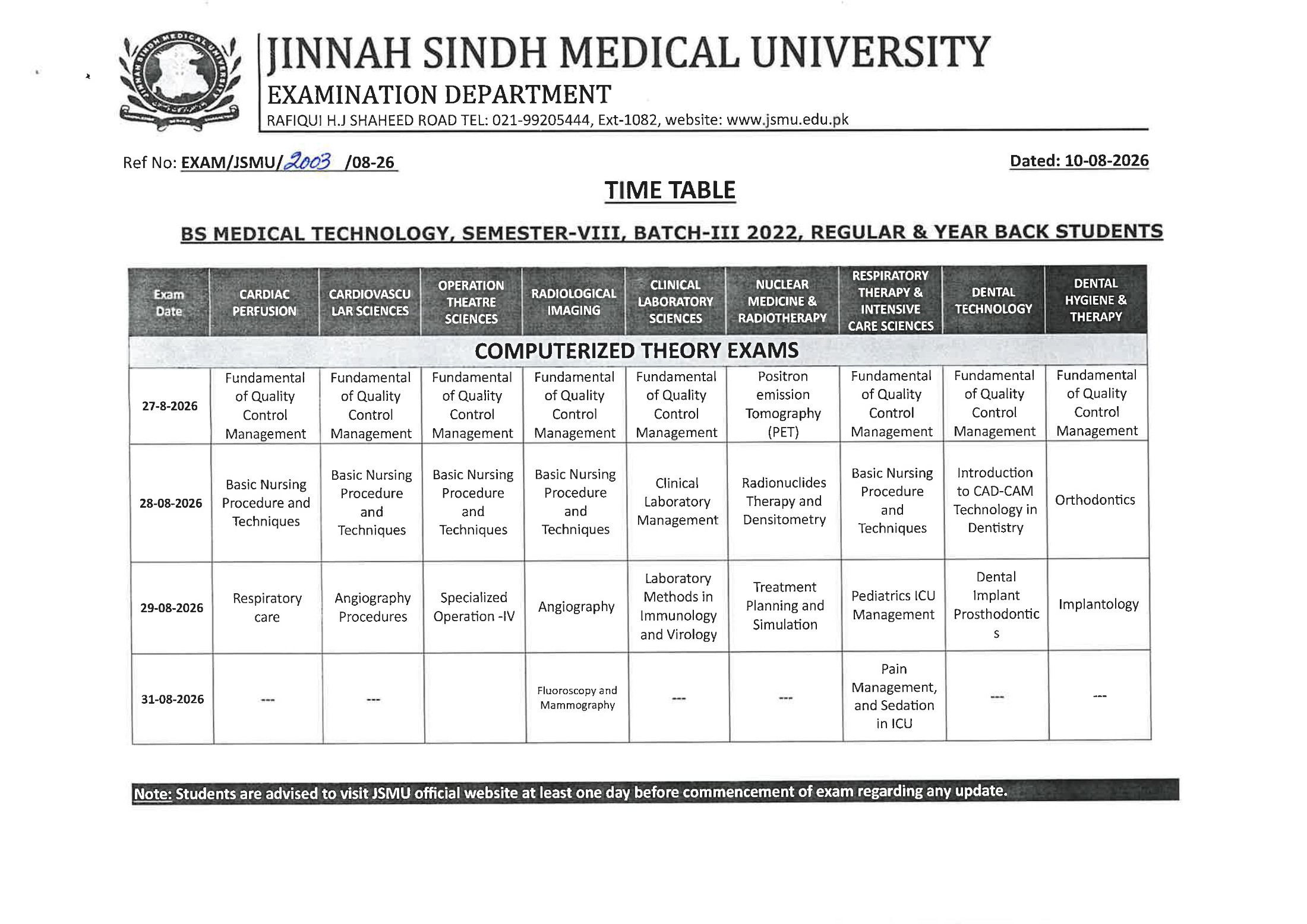 JSMU BSMT Semester VIII Batch III Regular & YB Students Time Table 2026 Out JSMU BSMT Semester VIII Batch III Regular & YB Students Time Table 2026 Out
