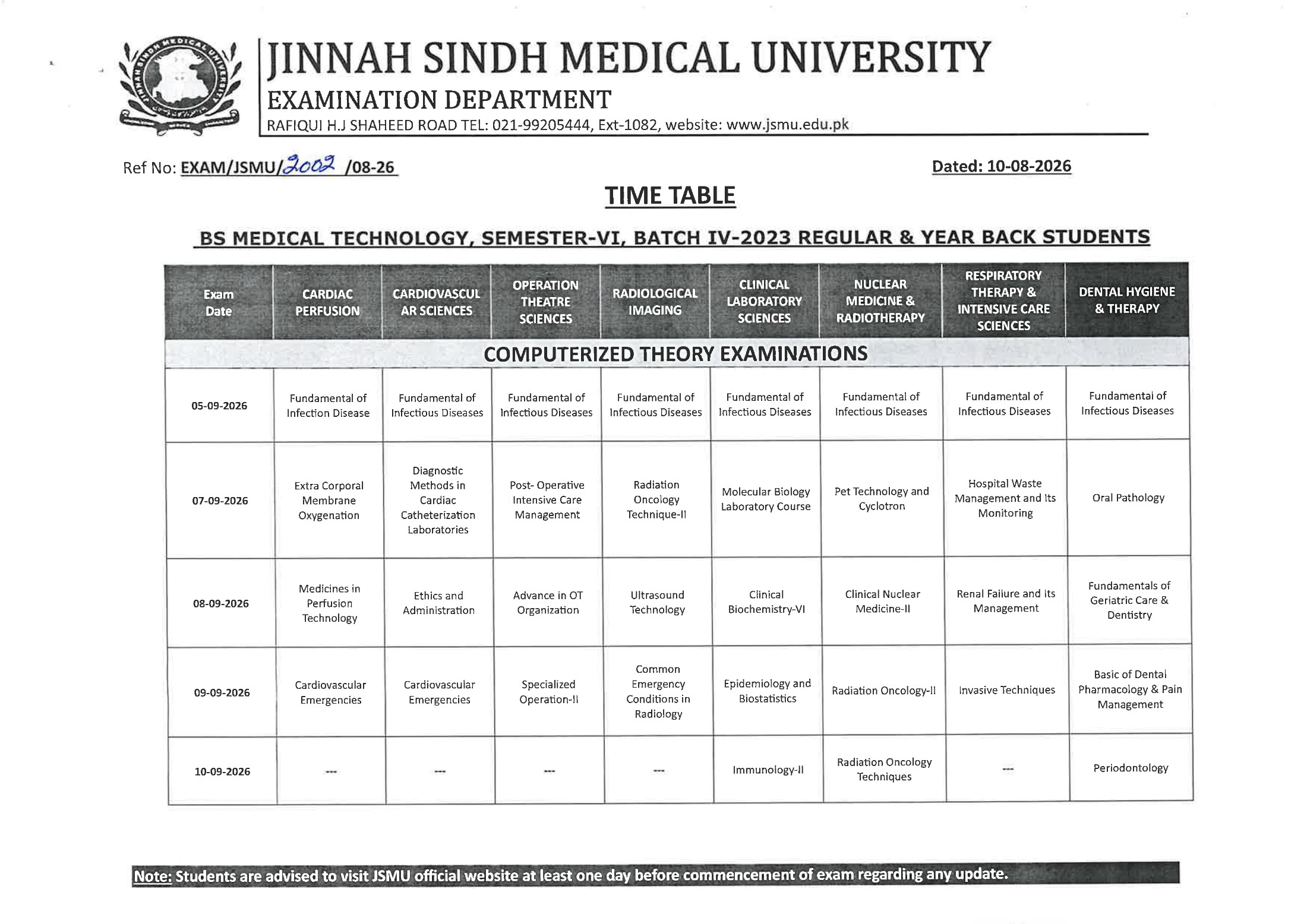 JSMU BSMT Semester VI Batch IV Time Table 2026