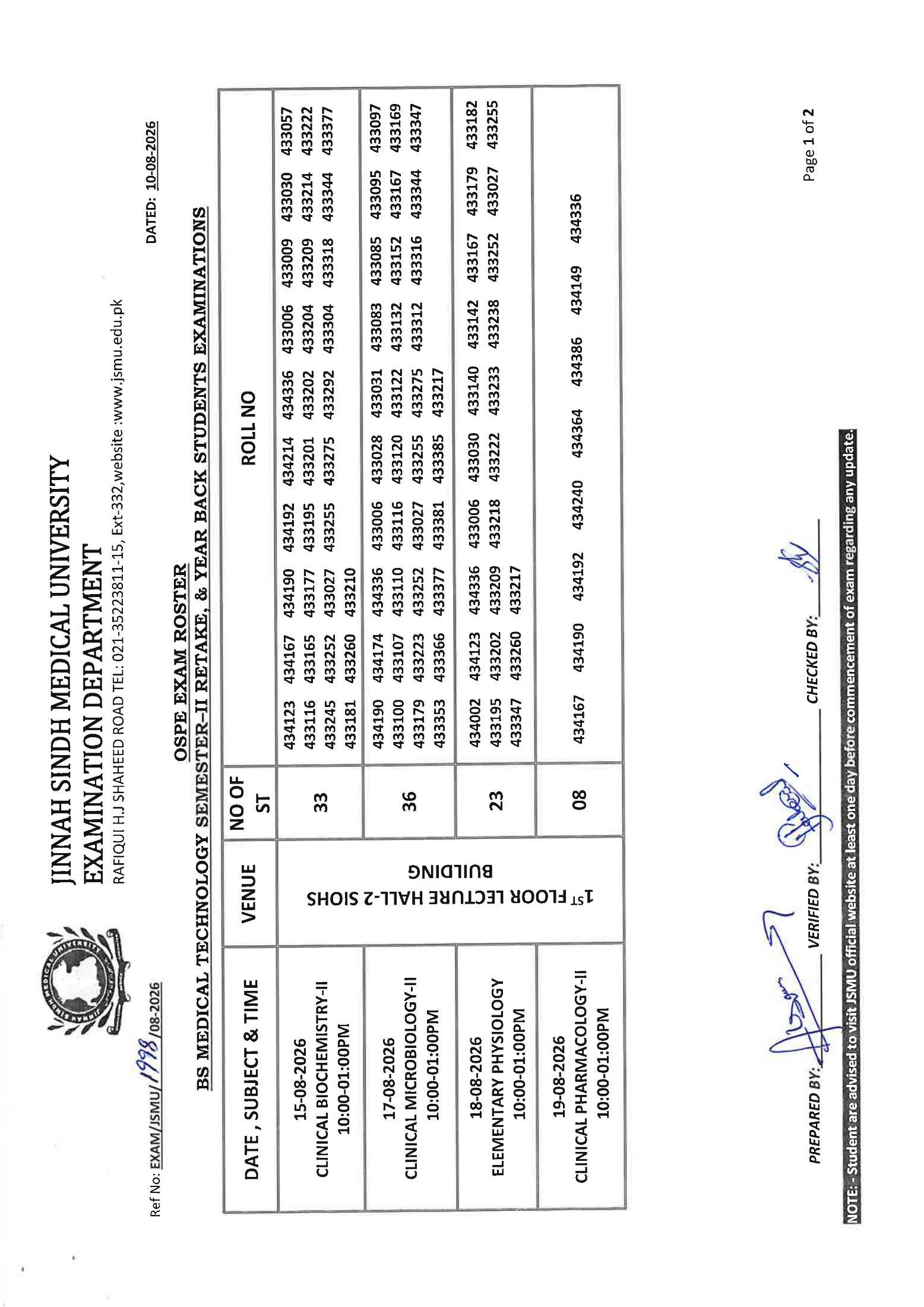 JSMU OSPE Exam Roster BSMT Time Table 2026