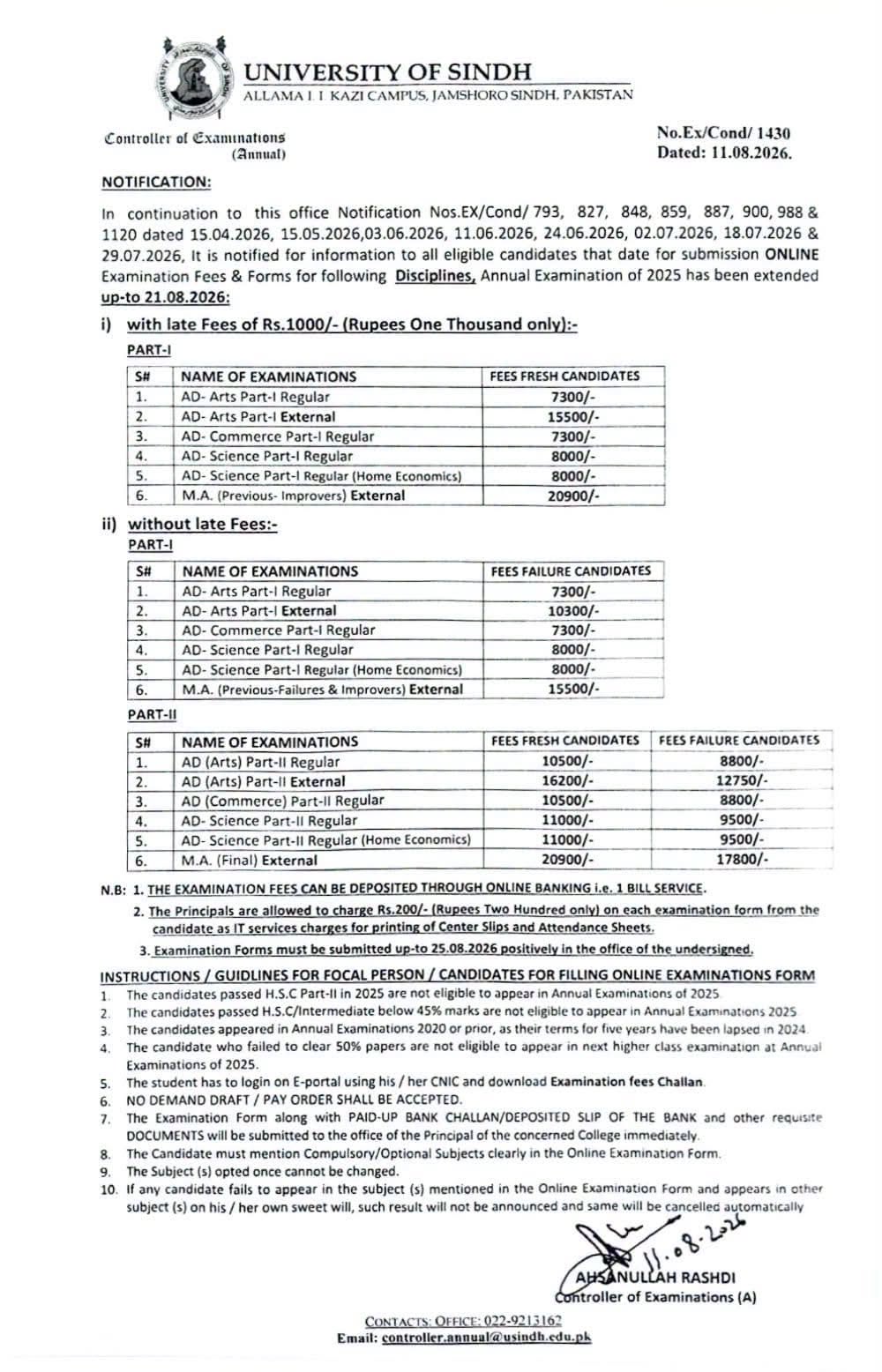USindh Exam Form & Fee Notice 2026 Released for AD & MA Programs