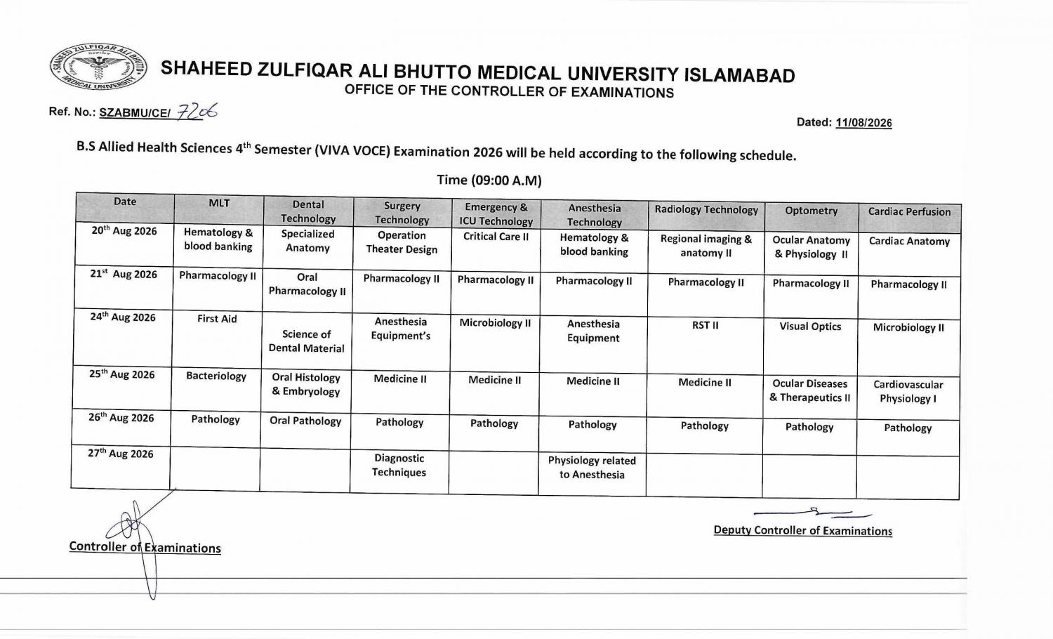 SZABMU BSAHS Date Sheet 2026 Announced