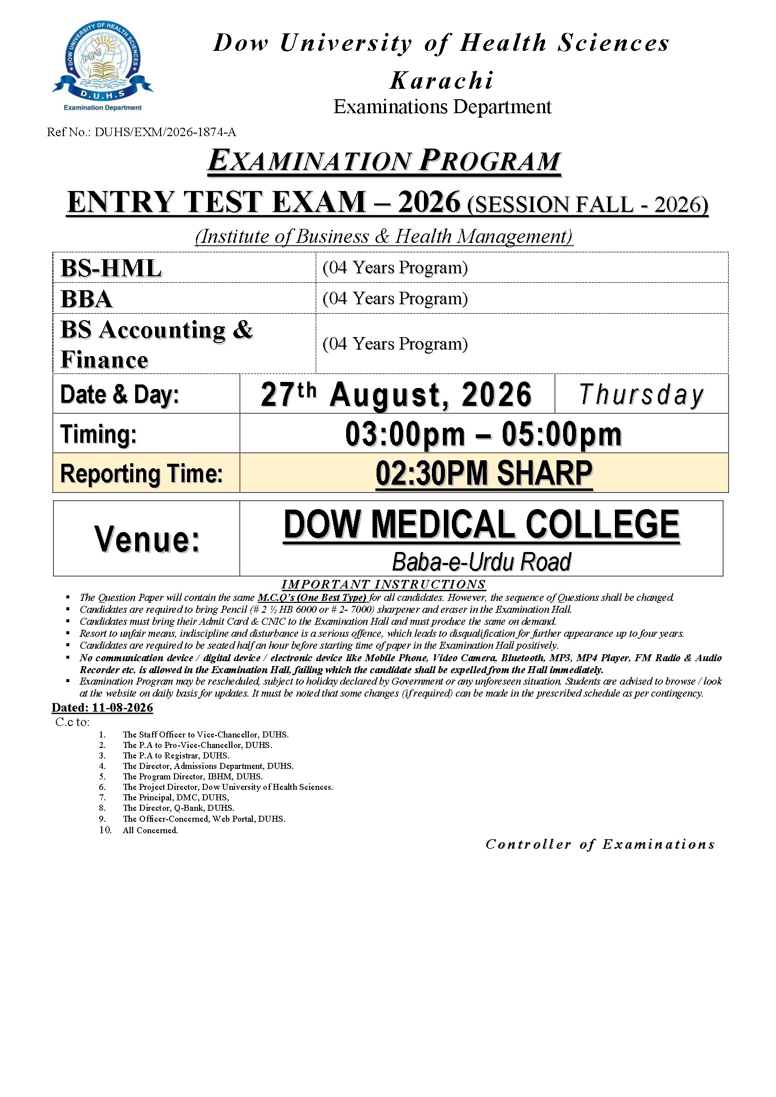 DUHS IBHM UG Entry Test Schedule 2026 DUHS IBHM UG Entry Test Schedule 2026