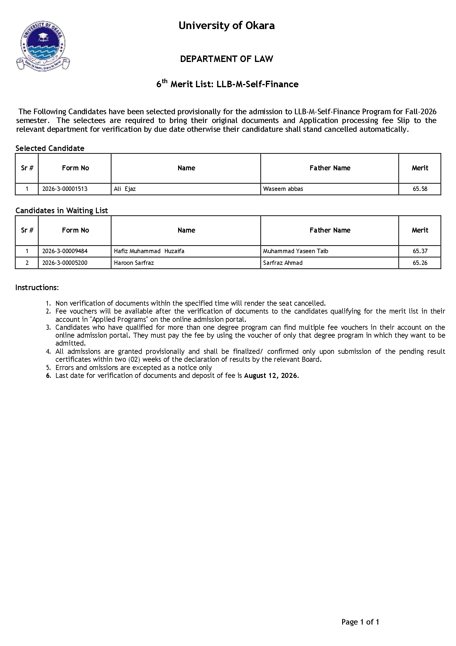 University of Okara LLB Merit List 2026 Announced University of Okara LLB Merit List 2026 Announced