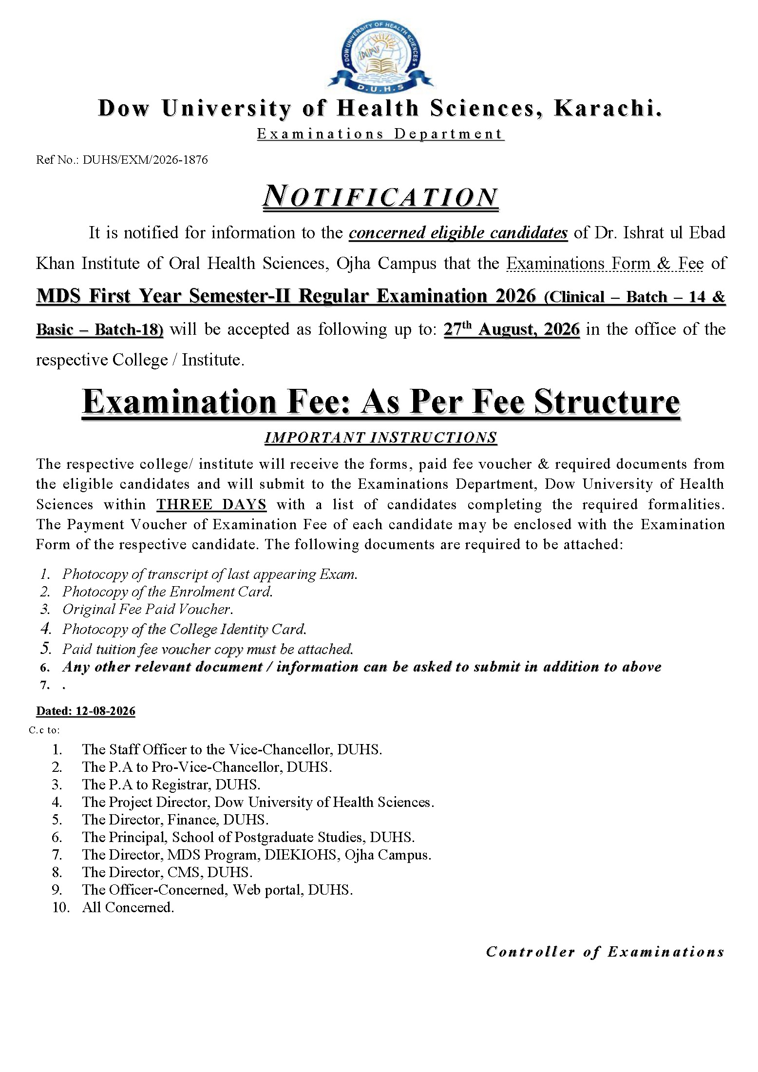 DUHS MDS First Year Semester-II Regular Exam Notice 2026 Out DUHS MDS First Year Semester-II Regular Exam Notice 2026 Out