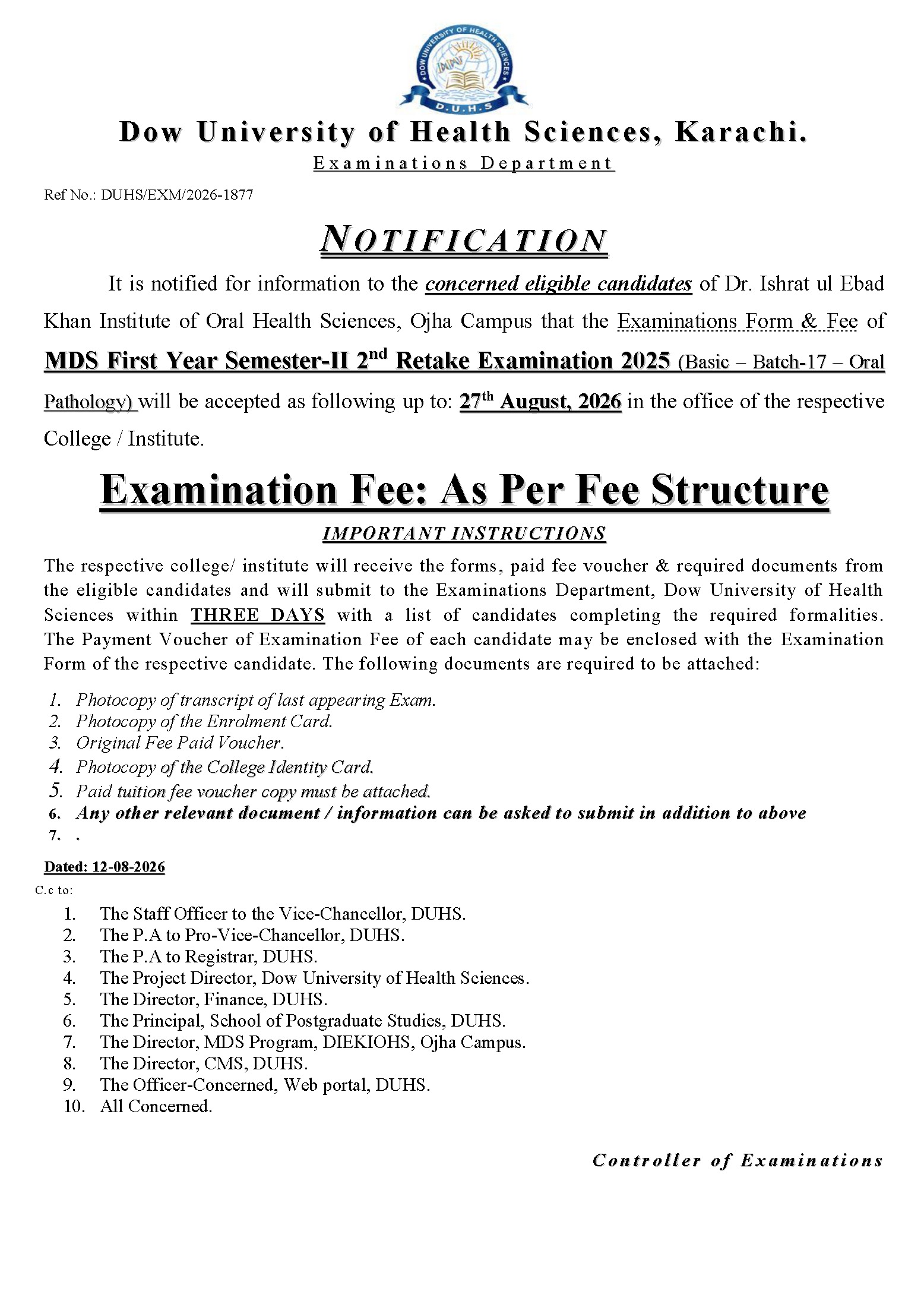 DUHS Releases MDS Semester-II 2nd Retake Exam Notice 2026 DUHS Releases MDS Semester-II 2nd Retake Exam Notice 2026