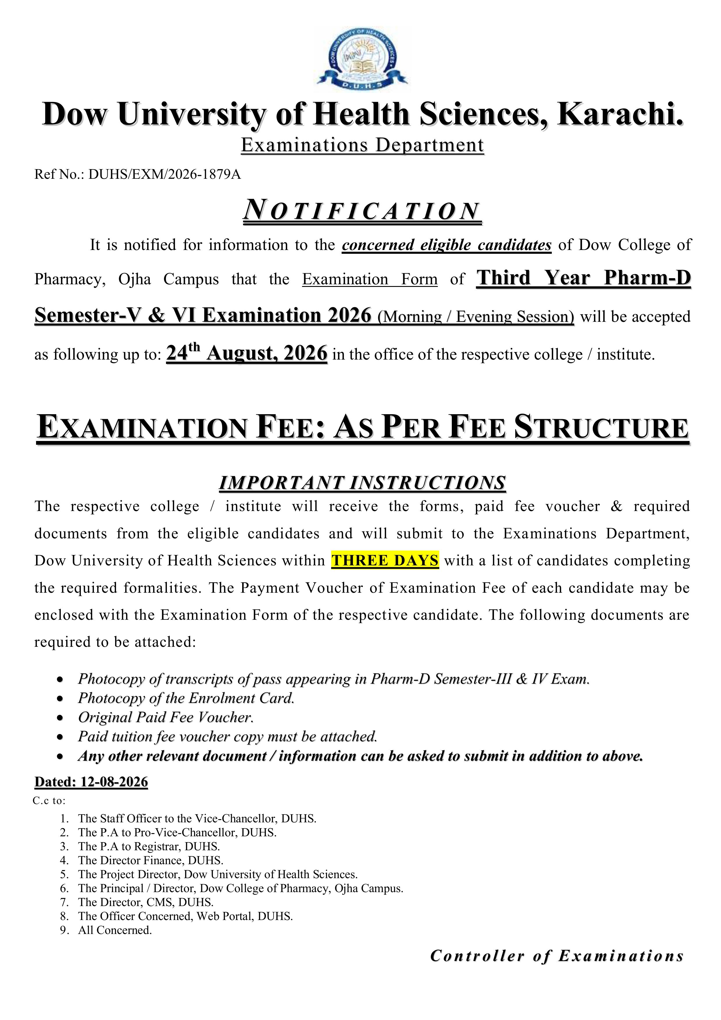 DUHS Pharm-D 3rd & 4th Semester V to VIII Year Exam Form & Fee Notice 2026 Out DUHS Pharm-D 3rd & 4th Semester V to VIII Year Exam Form & Fee Notice 2026 Out