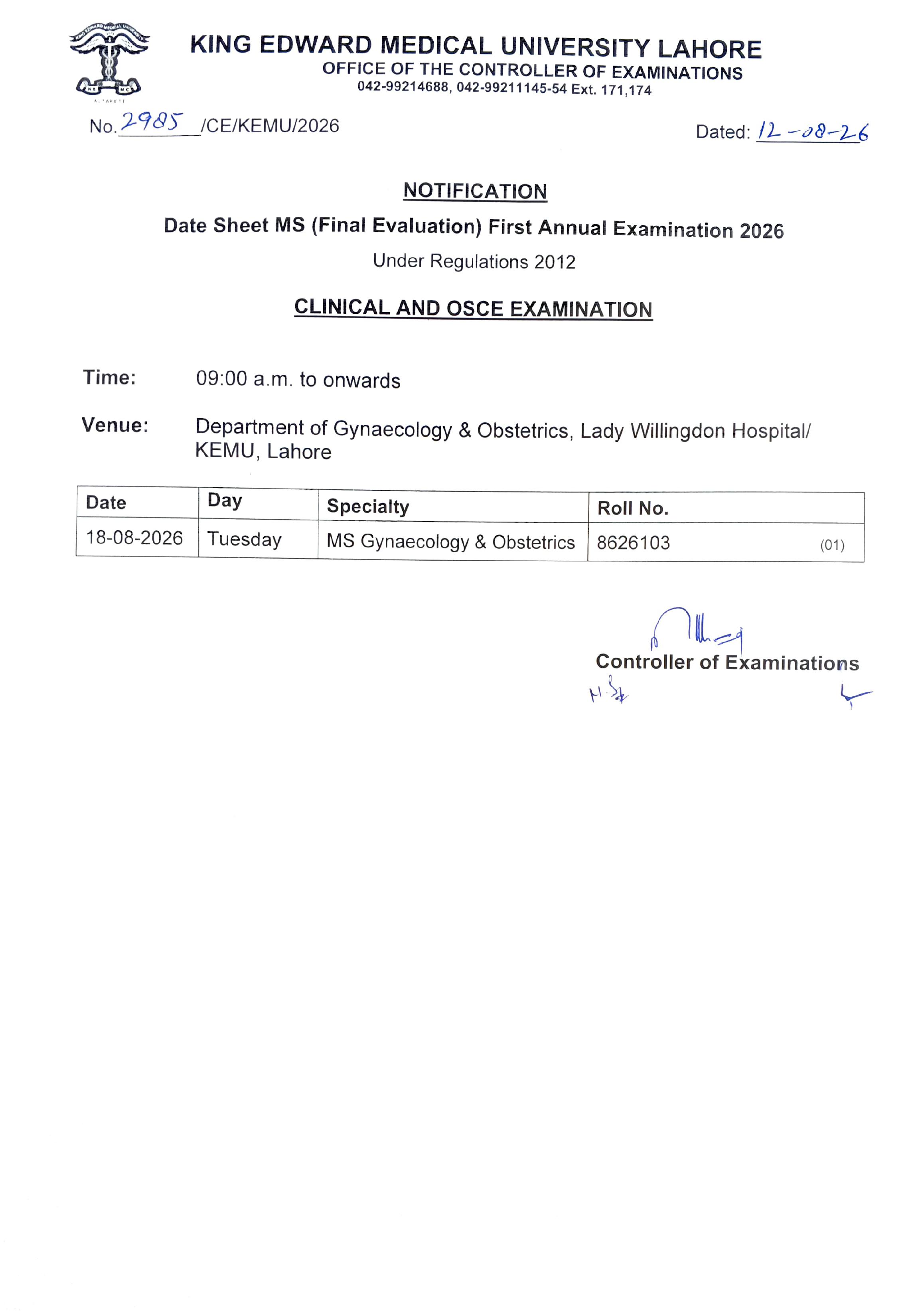 KEMU MS Gynaecology & Obstetrics Final Evaluation Exams Date Sheet 2026 KEMU MS Gynaecology & Obstetrics Final Evaluation Exams Date Sheet 2026