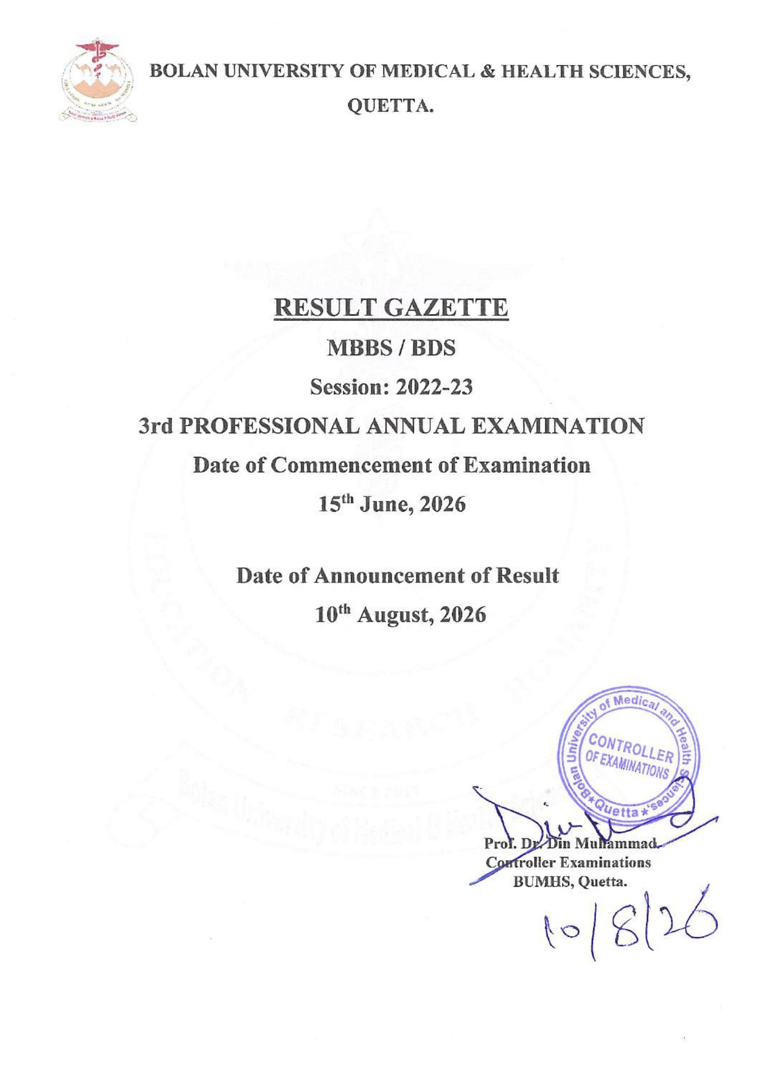 BUMHS Result 2026 for MBBS & BDS Programs Exams Declared