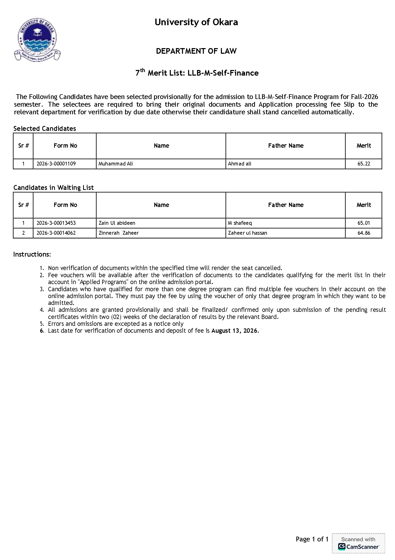 UO 7th Merit List 2026 for LLB Programs UO 7th Merit List 2026 for LLB Programs