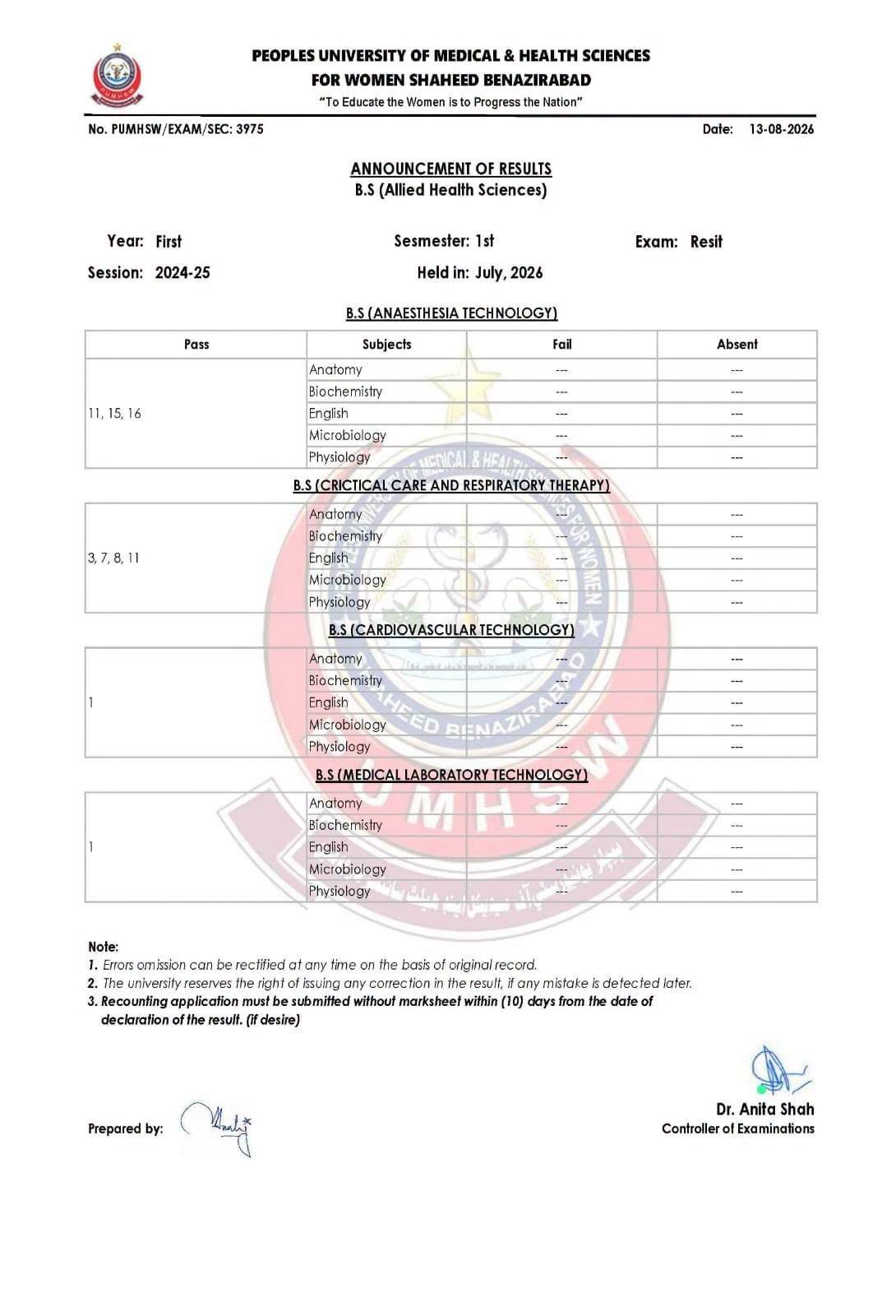 PUMHS Result 2026 Announced for BS AHS Programs Exams