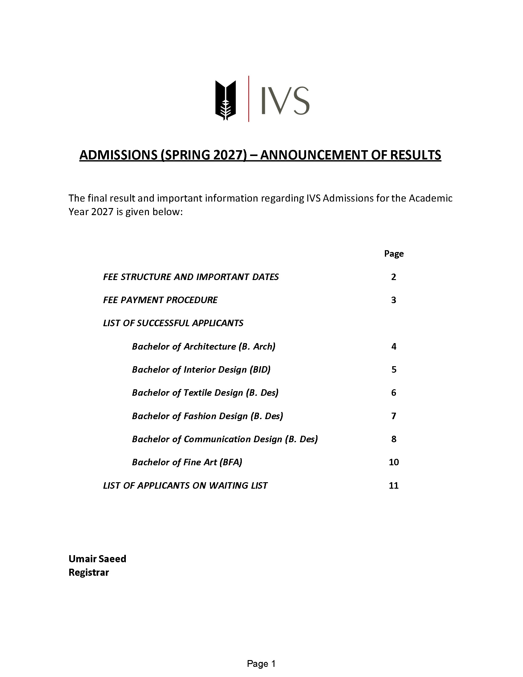 IVS Declares Result 2026 for Admissions Spring 2027