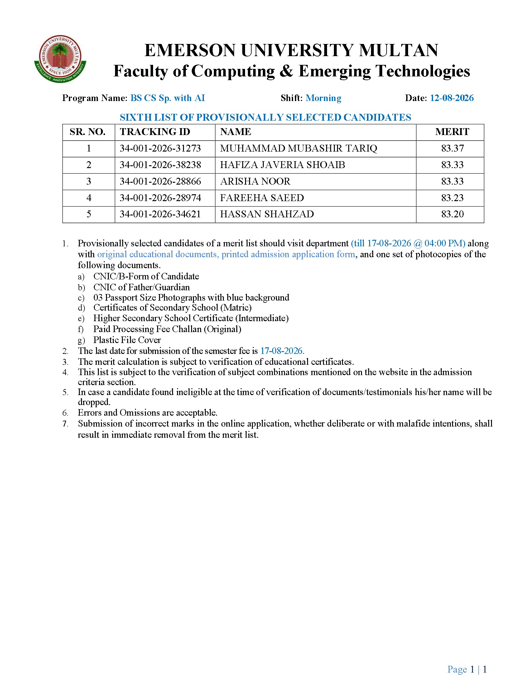 Emerson University Merit List 2026 for BS Programs Emerson University Merit List 2026 for BS Programs