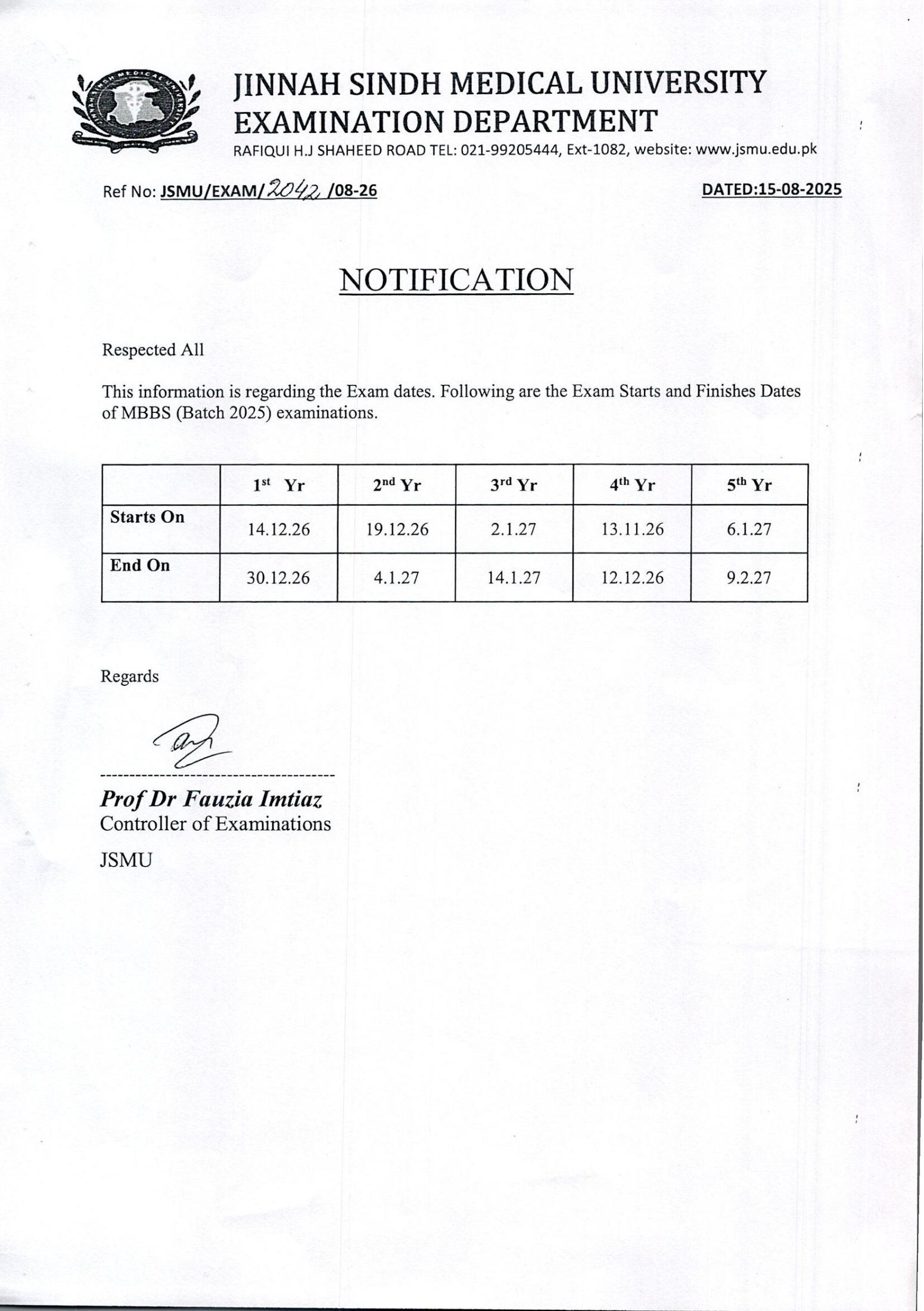 JSMU Announces MBBS Exam Schedule Fall 2026