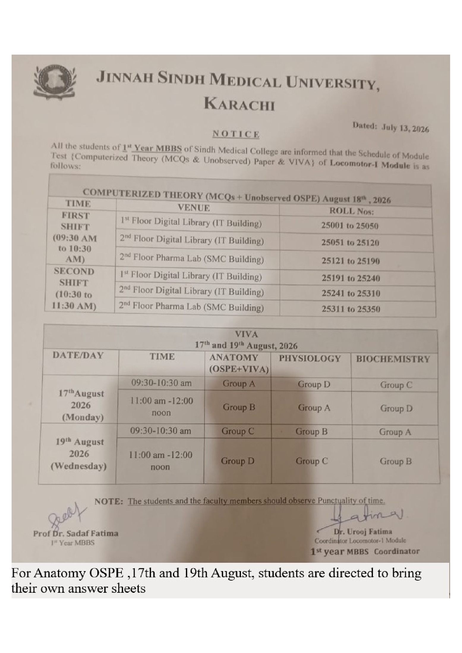 JSMU 1st Year MBBS Module Test Schedule 2026 Out JSMU 1st Year MBBS Module Test Schedule 2026 Out