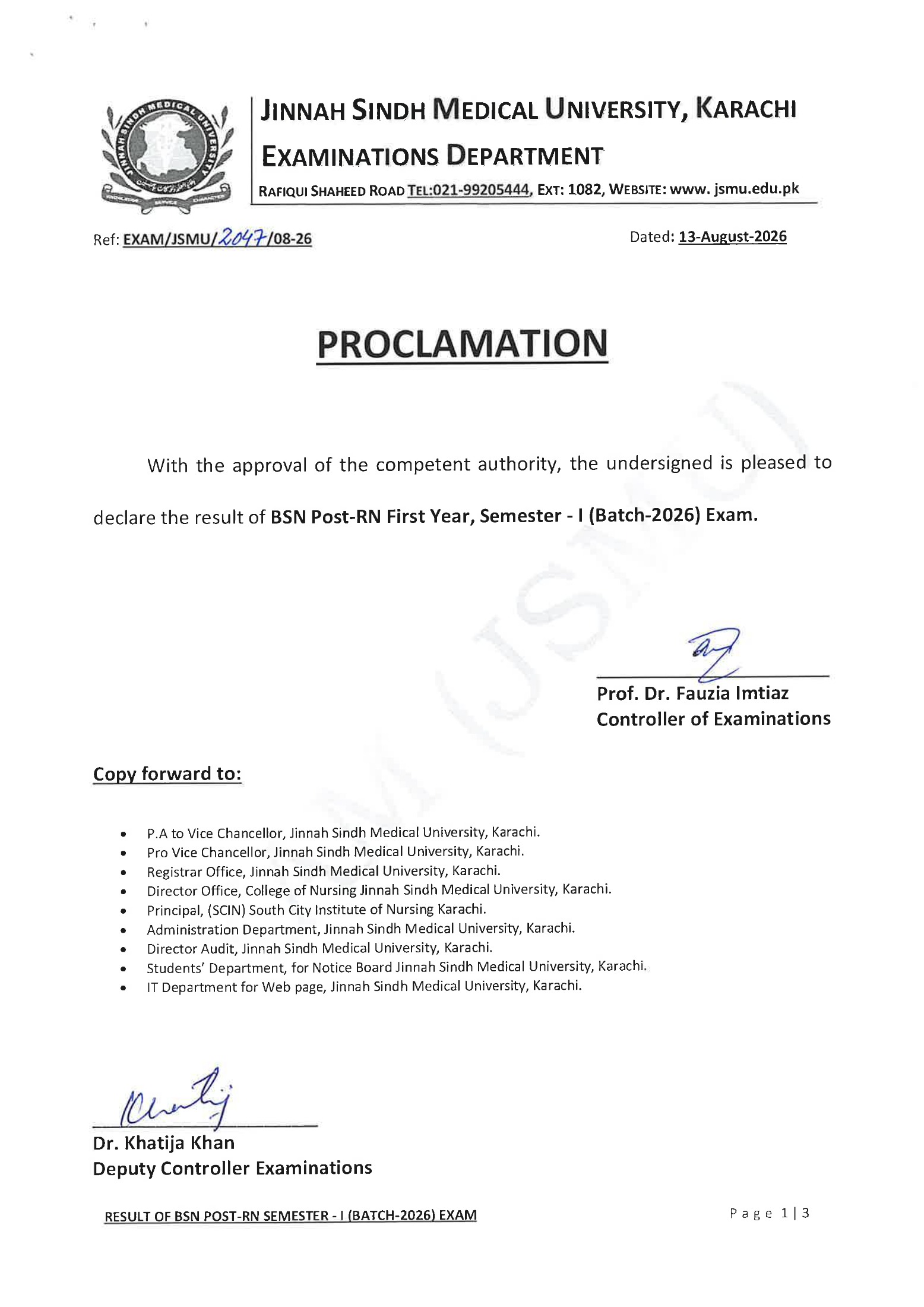 JSMU Declares BSN Post RN 1st Year Sem I Exams Result 2026 JSMU Declares BSN Post RN 1st Year Sem I Exams Result 2026
