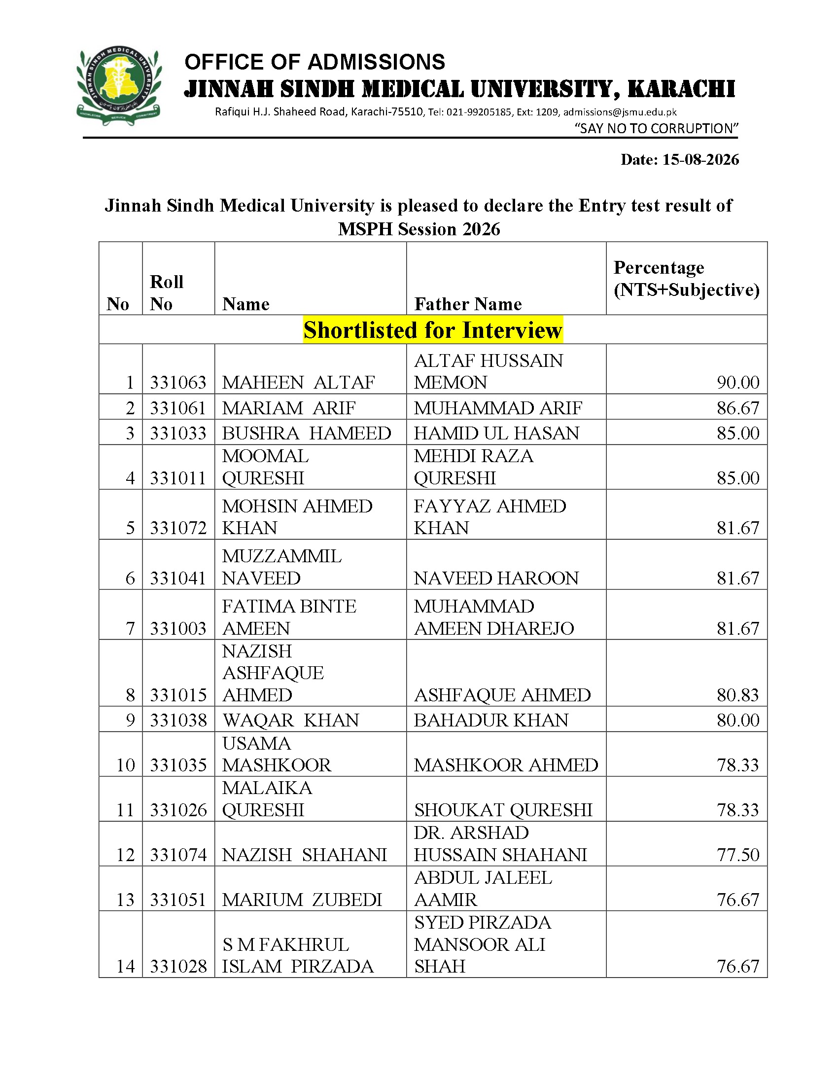 JSMU MSPH Entry Test Result 2026 Released