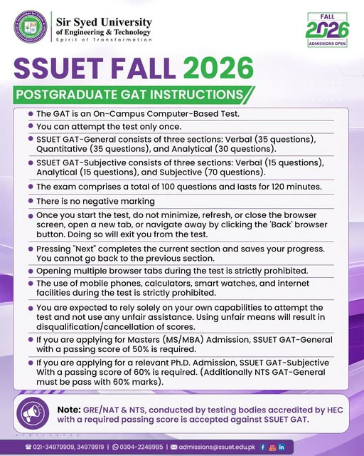 SSUET PG GAT Instructions Notice Fall 2026 Released