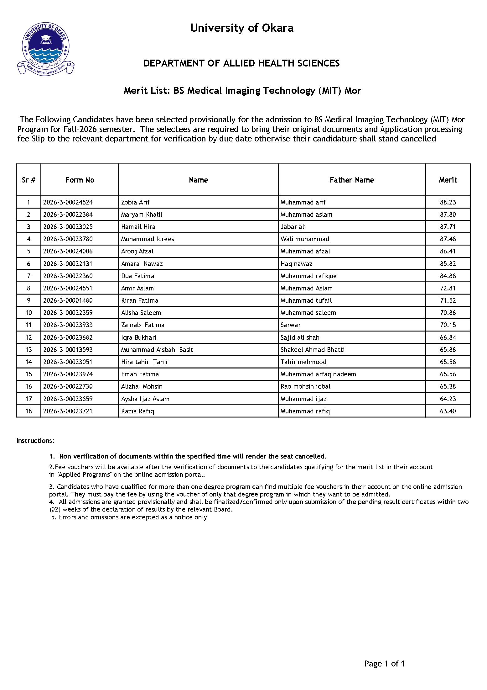 UO BS Medical Imaging Technology Merit List 2026 UO BS Medical Imaging Technology Merit List 2026