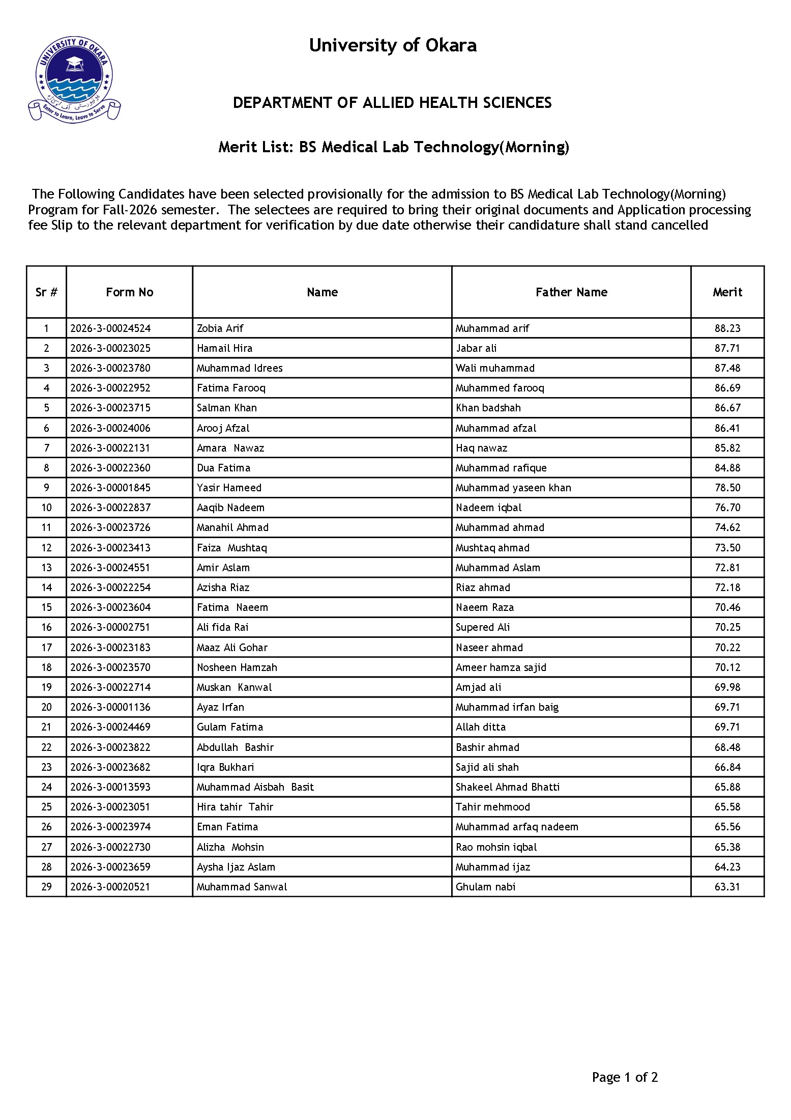 UO BS Medical Lab Technology Merit List 2026 UO BS Medical Lab Technology Merit List 2026