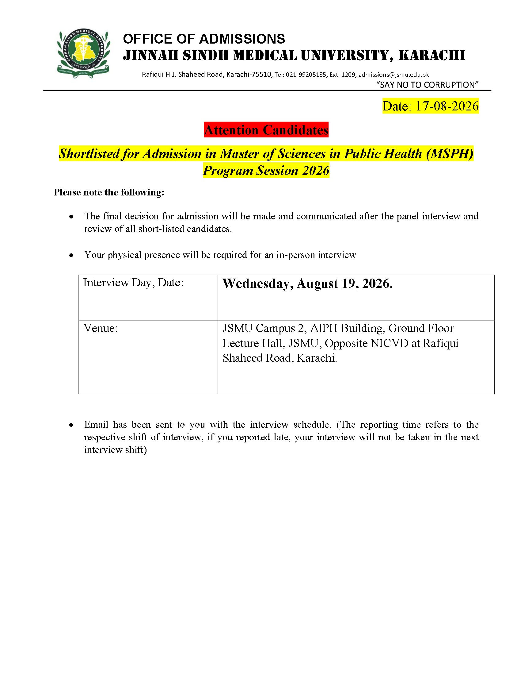 JSMU Interview Schedule 2026 for MSPH Announced JSMU Interview Schedule 2026 for MSPH Announced