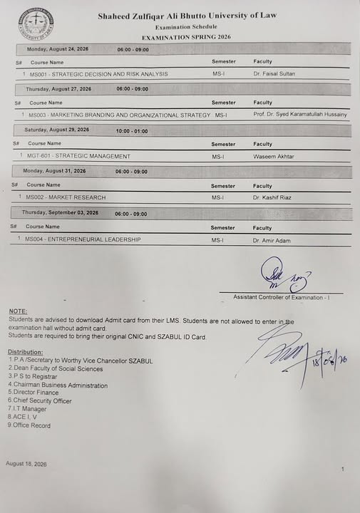 SZABUL Exam Schedule 2026 for Spring Exams