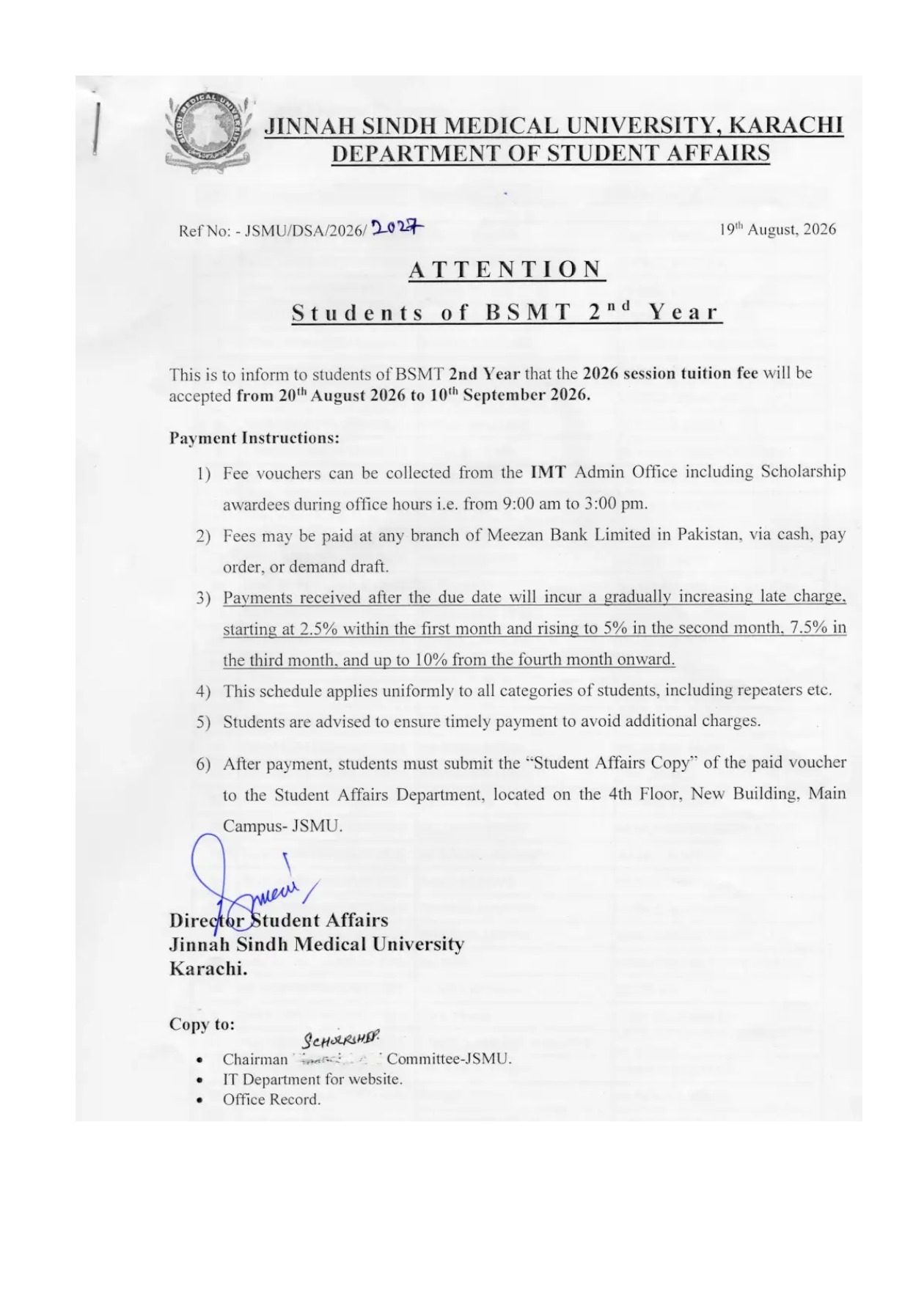 JSMU Fee Notice 2026 for BSMT Students