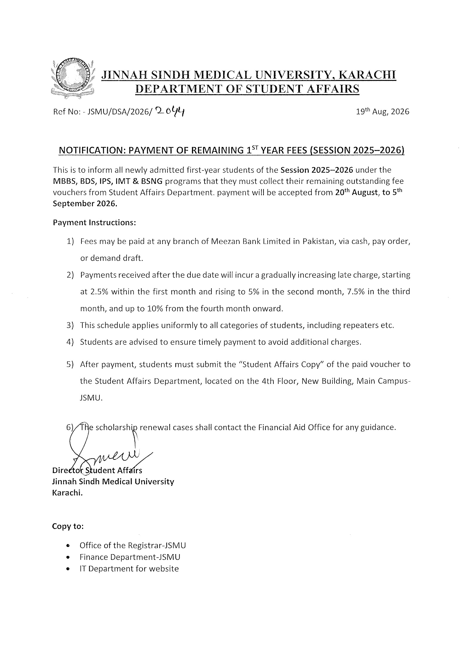 JSMU Remaining Payment Notice 2026 for New Students