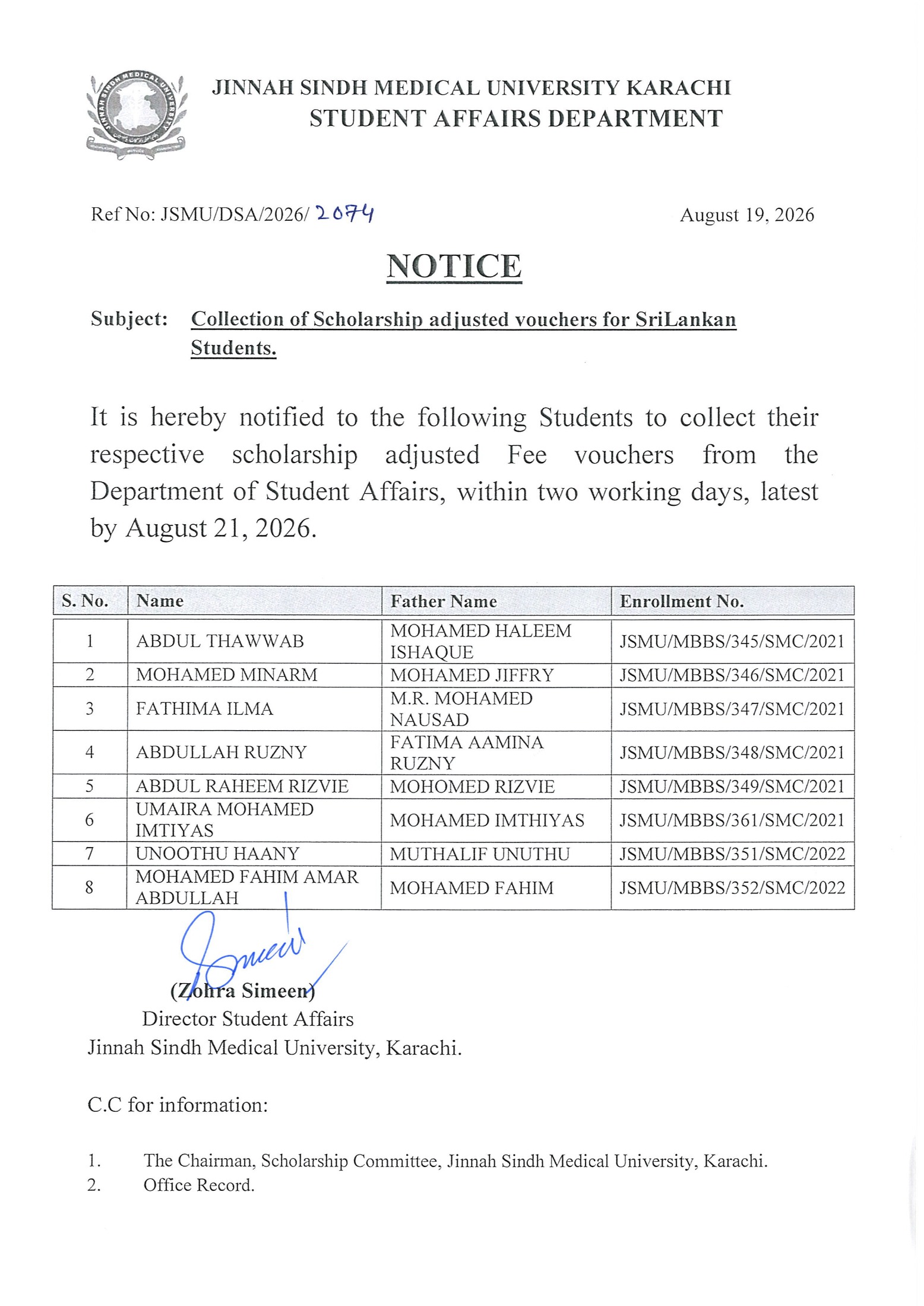 JSMU Scholarship Adjust Fee Vouchers Notice 2026 JSMU Scholarship Adjust Fee Vouchers Notice 2026