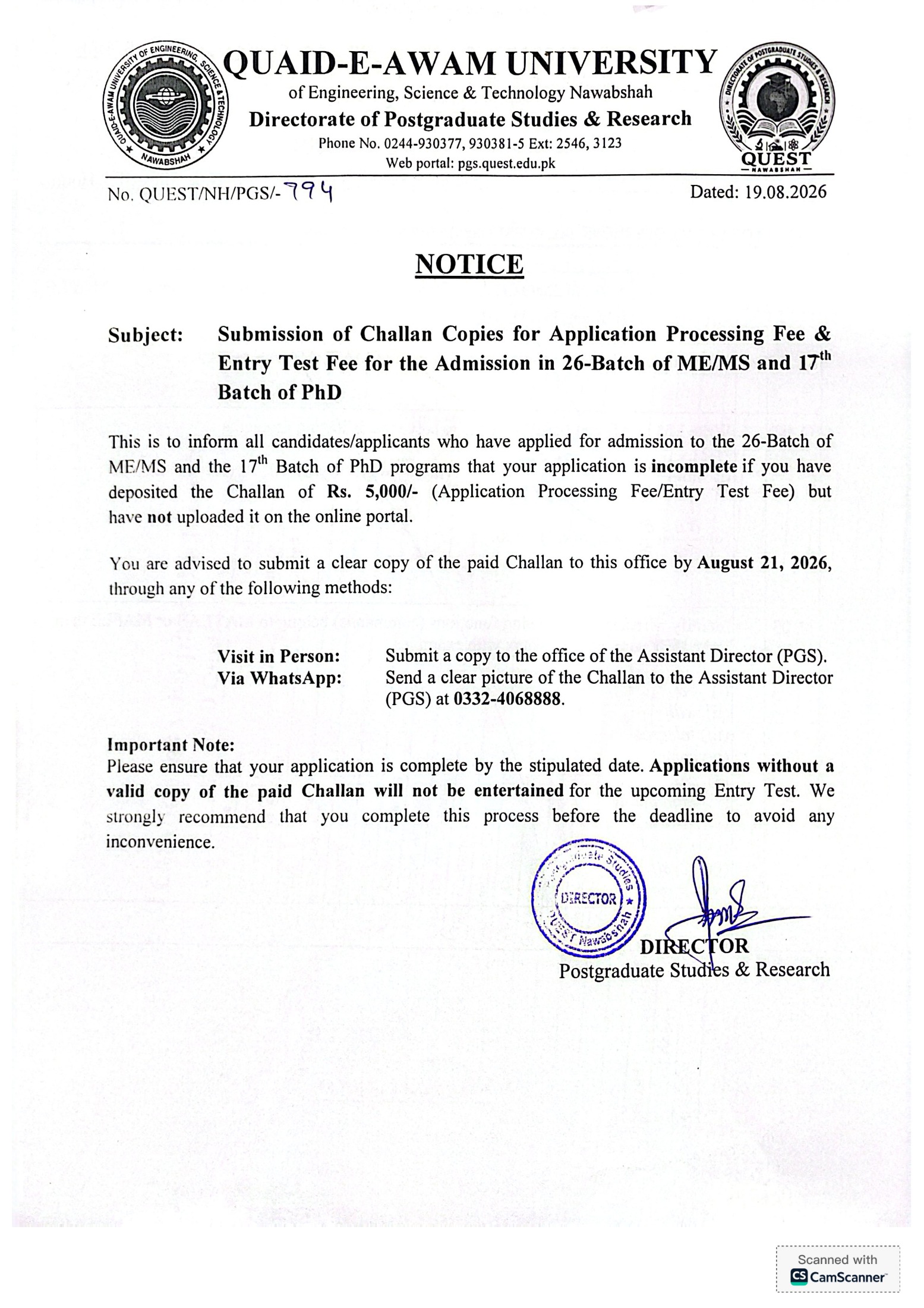QUEST Challan Copies Submission Notice 2026