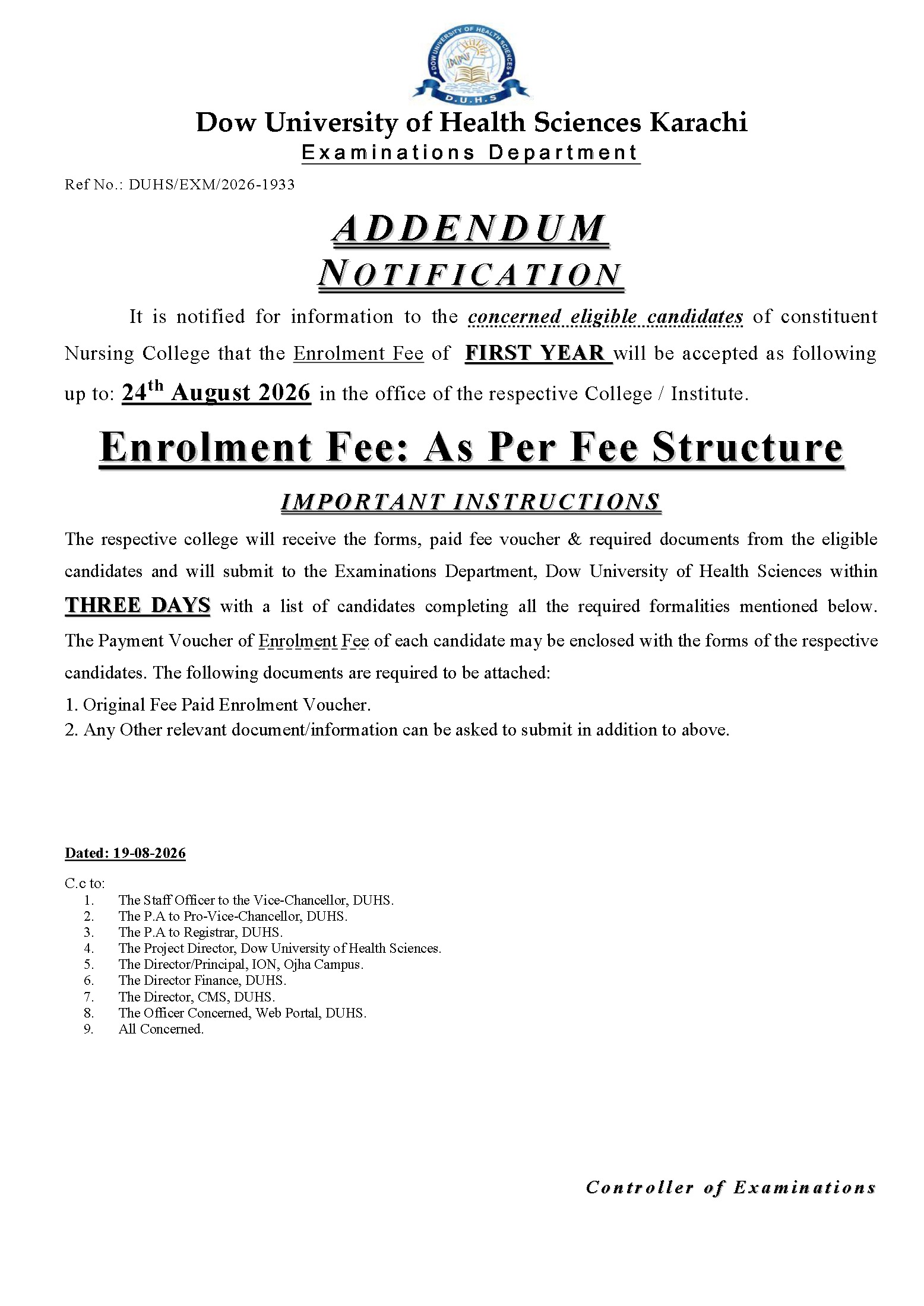 DUHS Nursing College Enrollment Fee Notice 2026 DUHS Nursing College Enrollment Fee Notice 2026