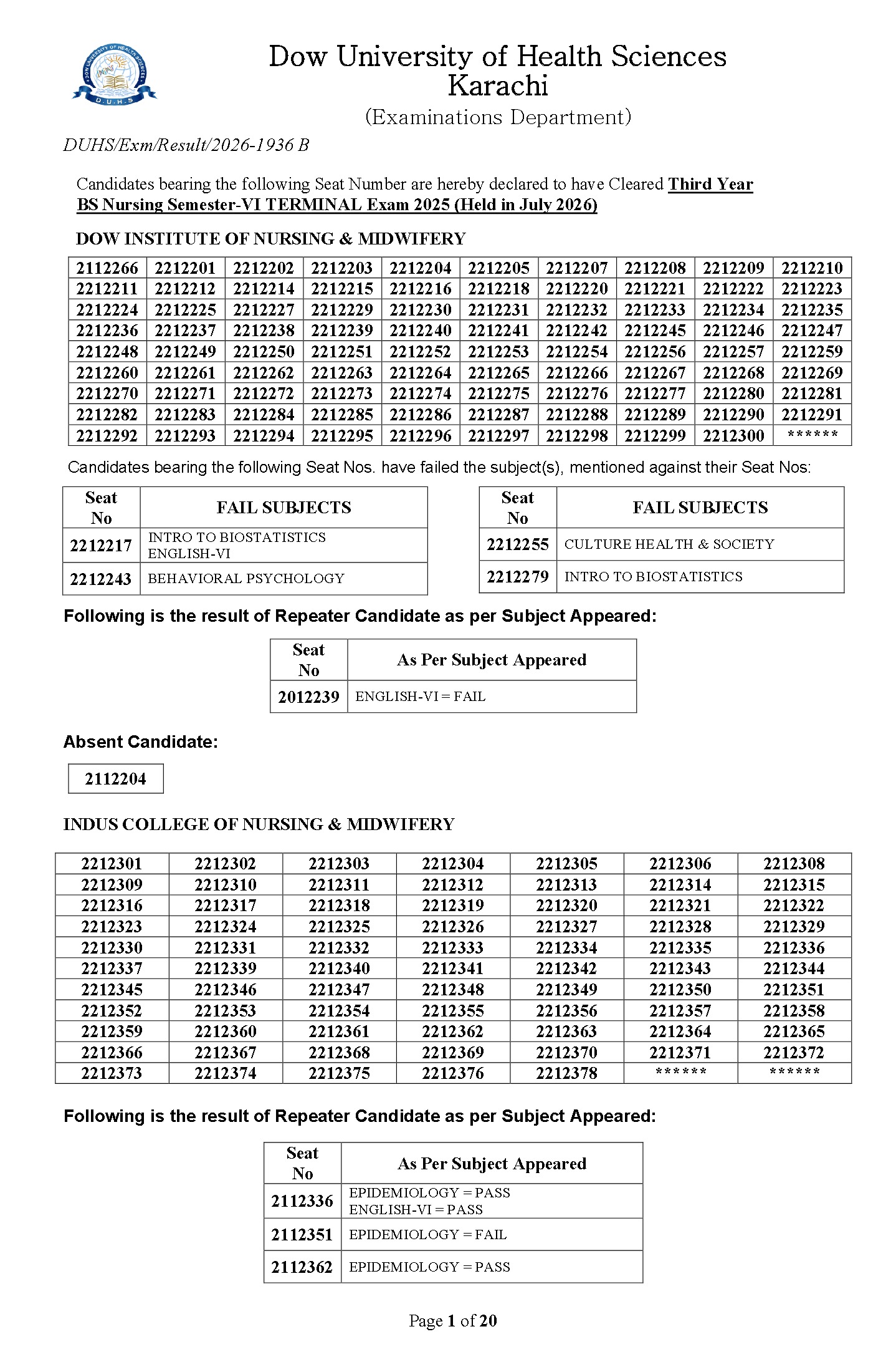 DUHS BSN Result 2026 Announced DUHS BSN Result 2026 Announced