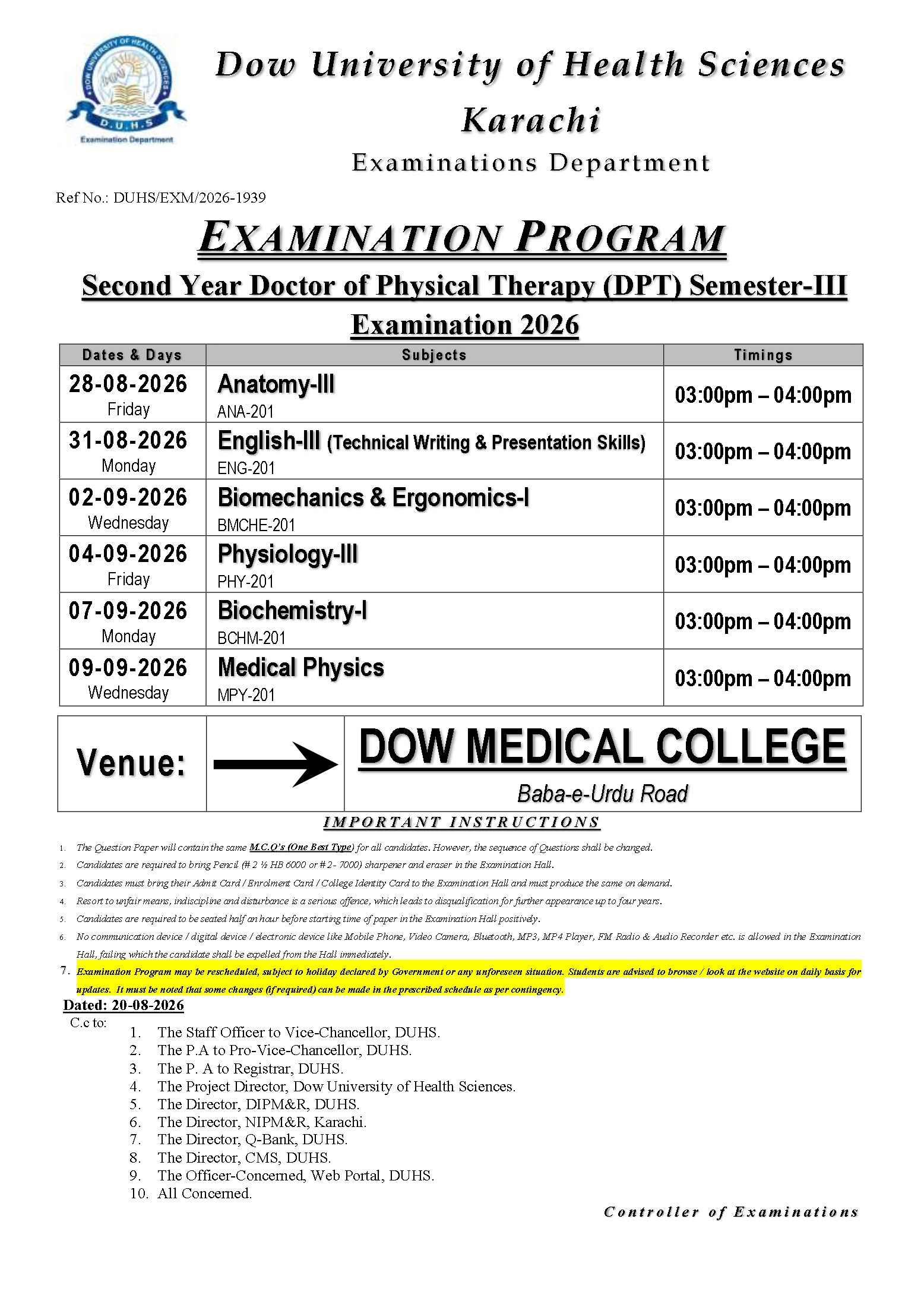 DUHS Releases 2nd Year DPT Semester III Exams Date Sheet 2026 DUHS Releases 2nd Year DPT Semester III Exams Date Sheet 2026