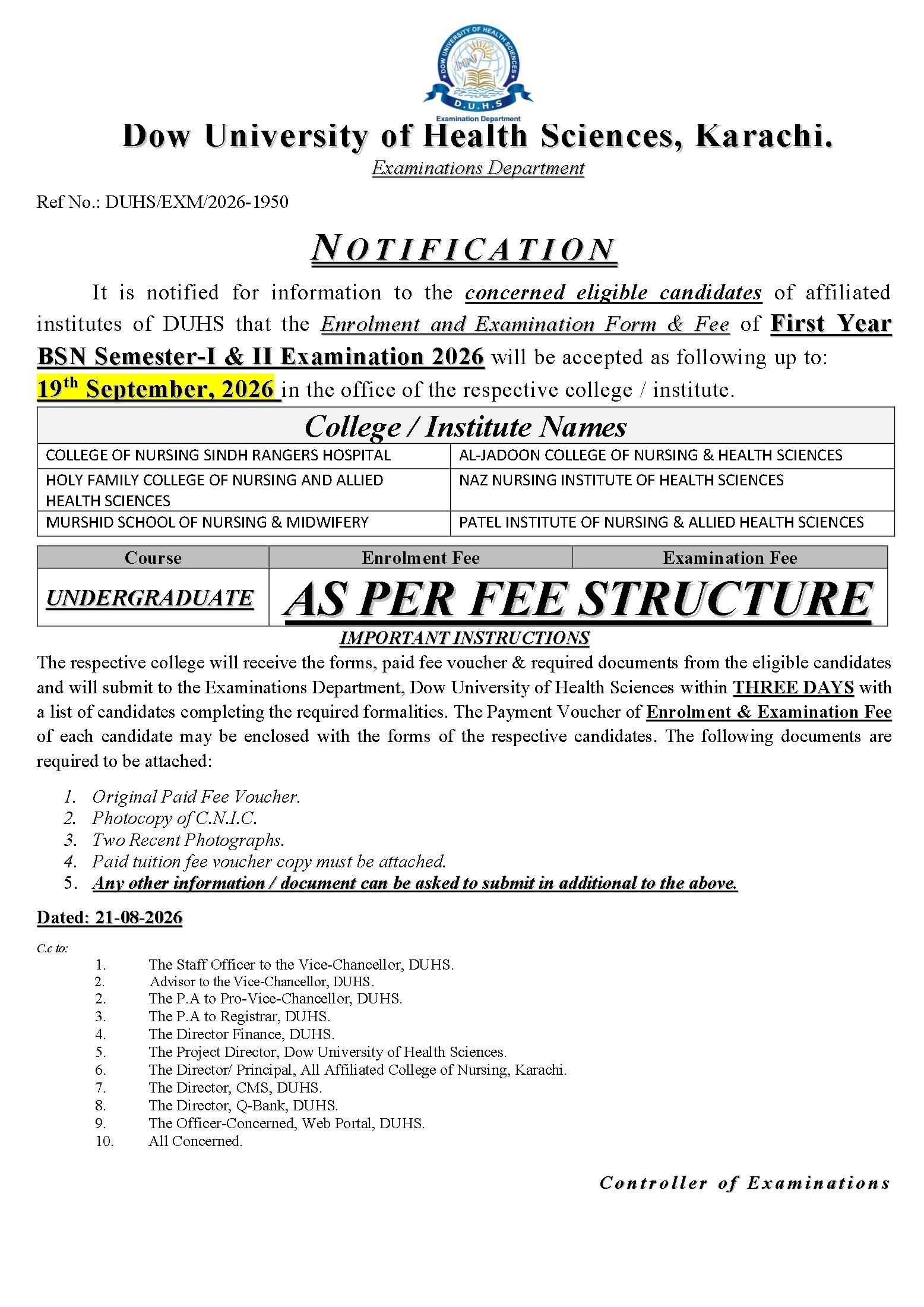 DUHS Enrollment & Exam Form & Fee Notice 2026 Released DUHS Enrollment & Exam Form & Fee Notice 2026 Released