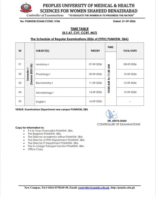 PUMHS BS Programs Exam Time Table 2026 Released PUMHS BS Programs Exam Time Table 2026 Released